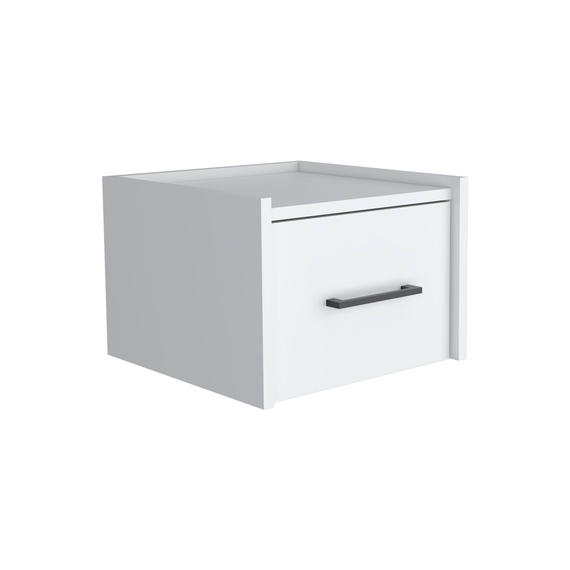 White modern nightstand with a single drawer and black handle