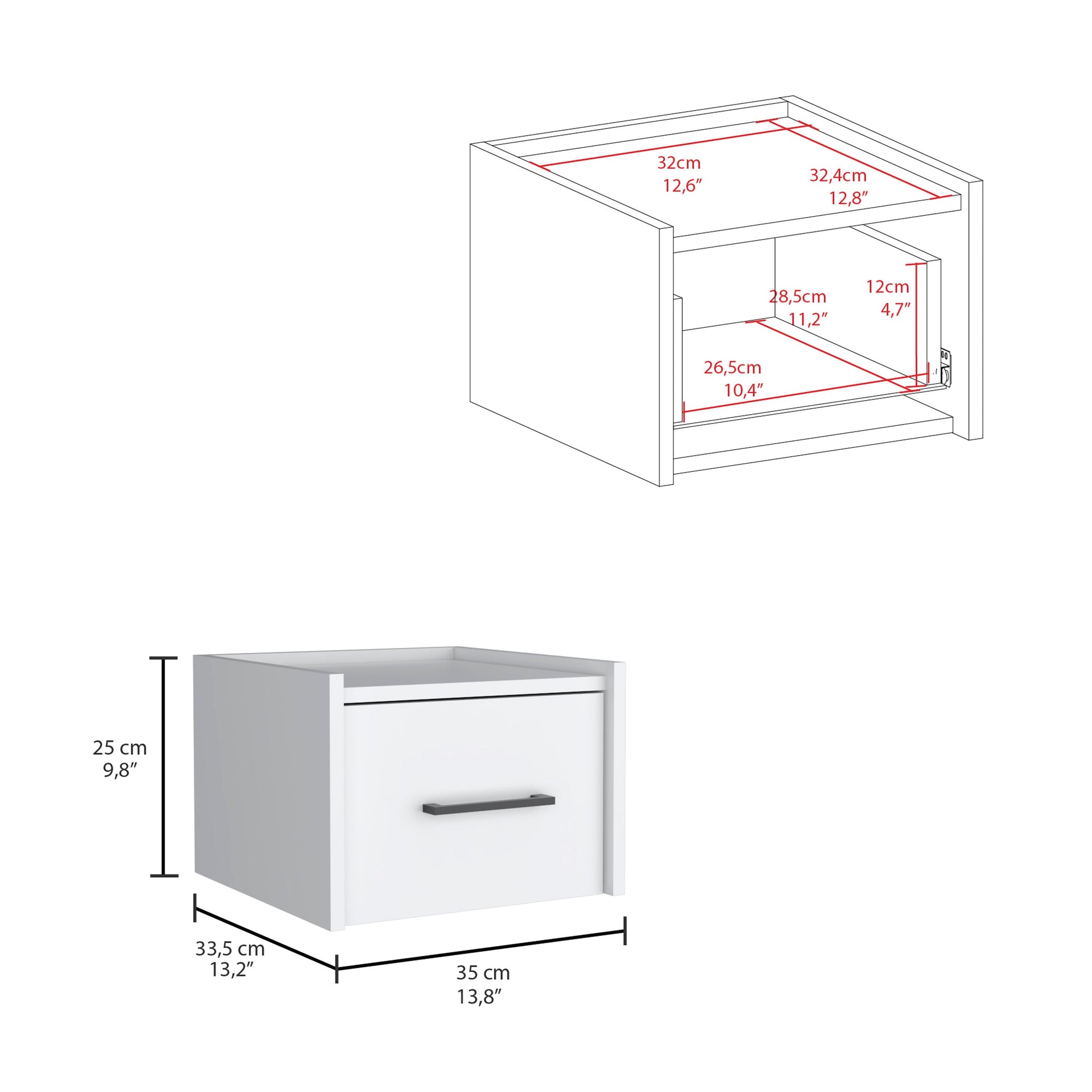 White floating nightstand with single drawer and metal handle cm width