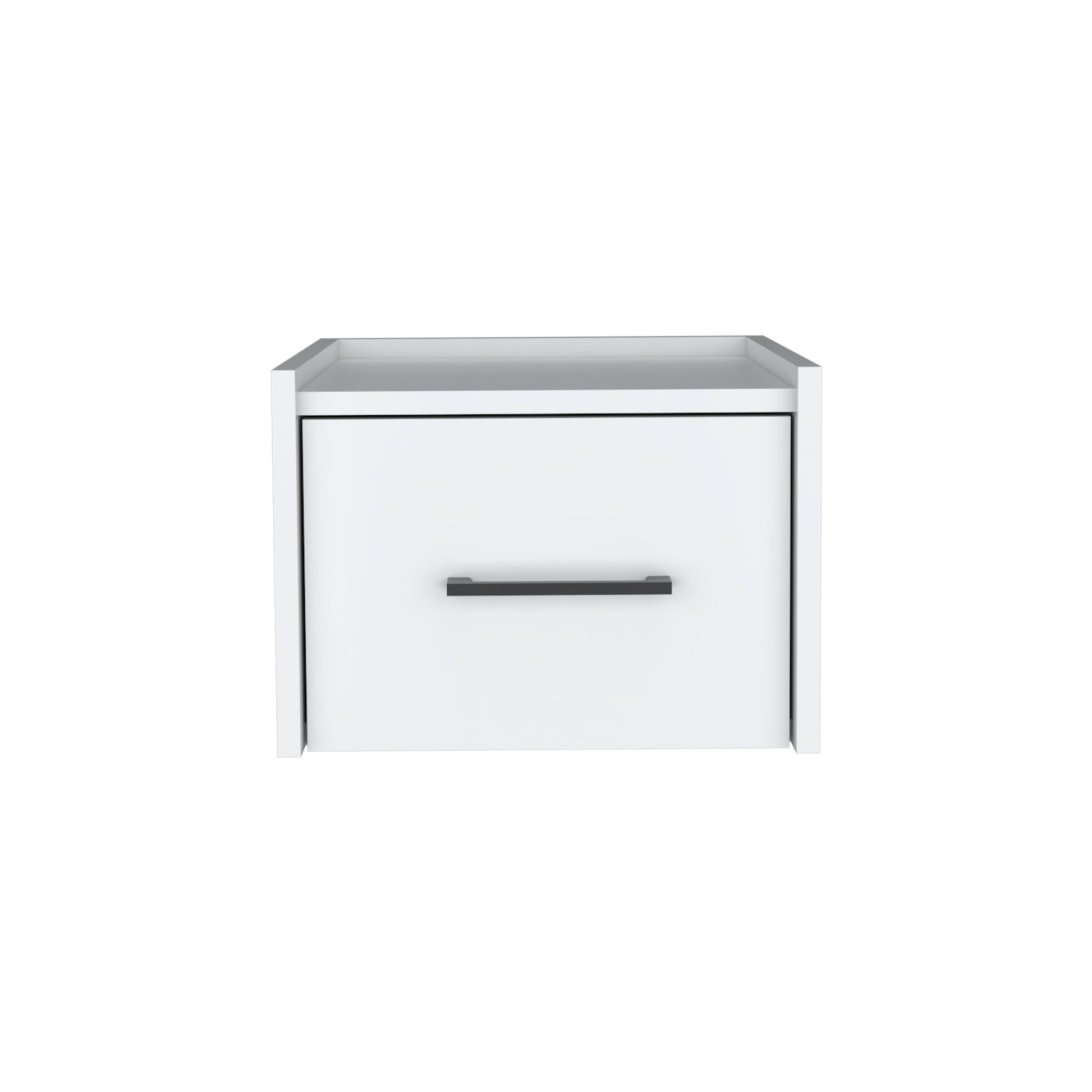 Modern white bedside table with a single drawer and dark metal handle