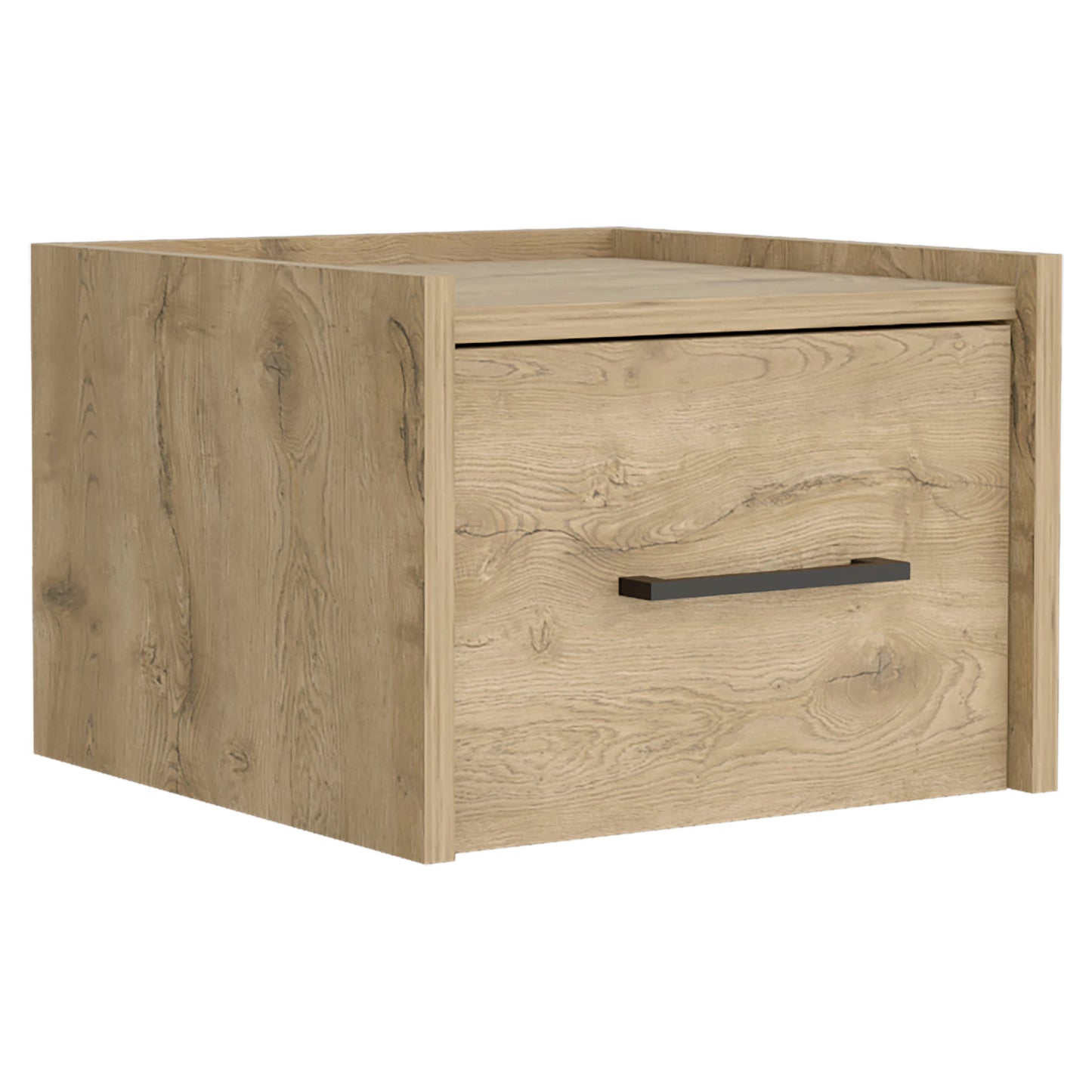 Oak effect bedside table with single drawer and black handle modern design for bedrooms