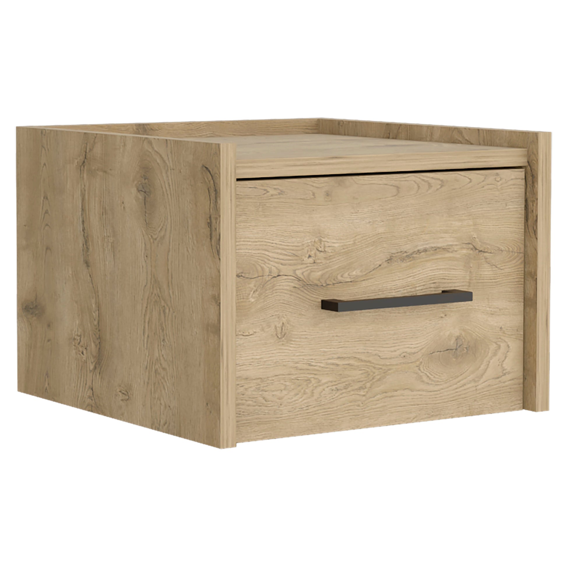 Oak effect bedside table with single drawer and black handle modern design for bedrooms