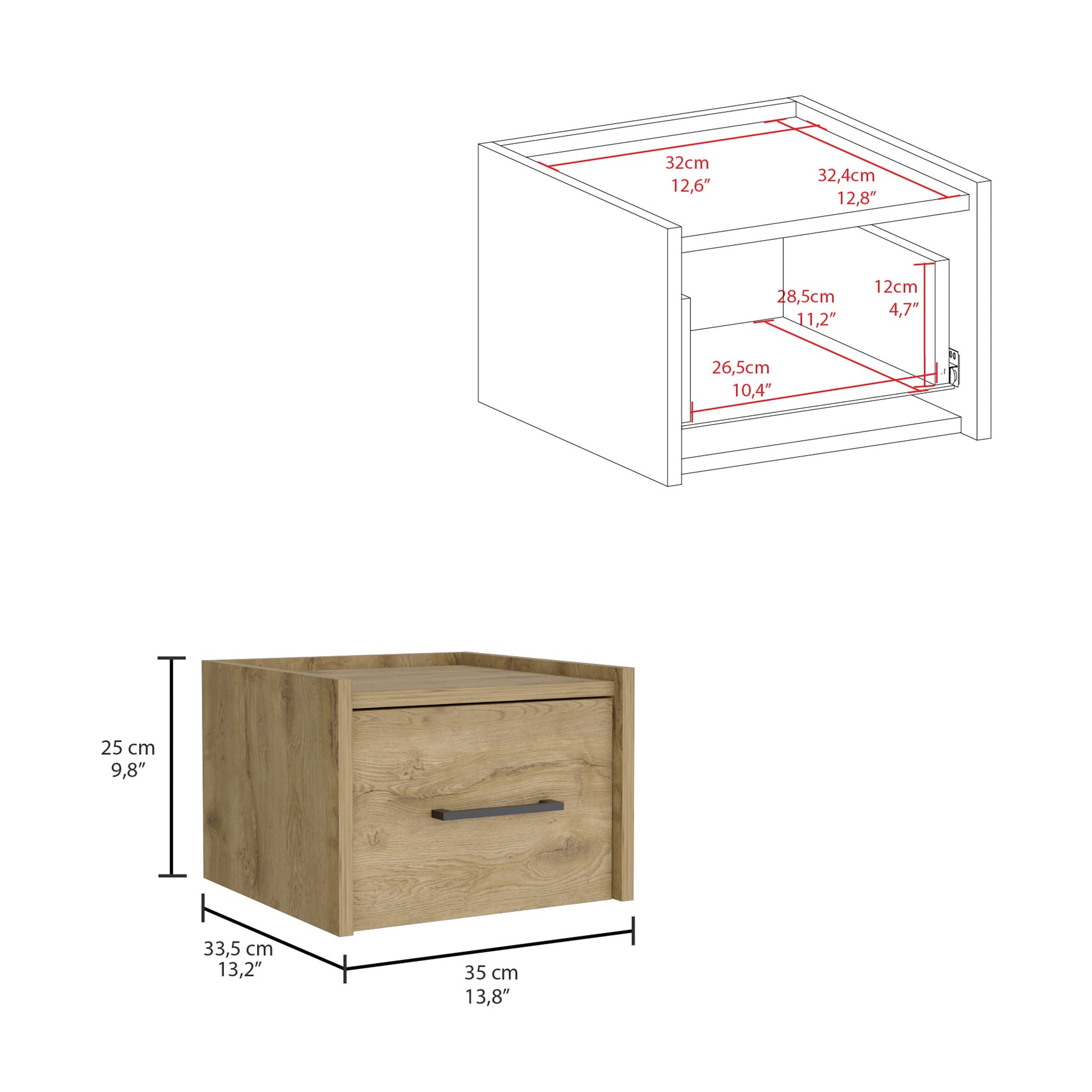 Light wood effect bedside table with one drawer and dark metal handle