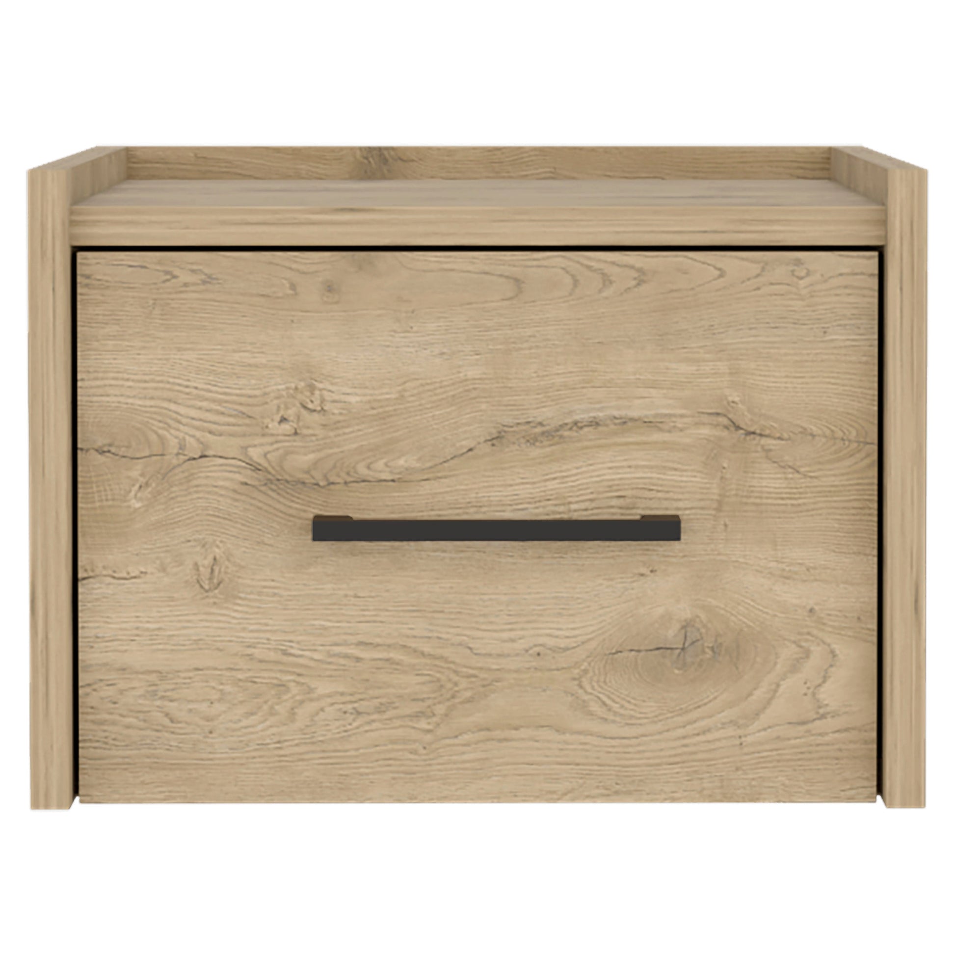 Light oak wood nightstand with a single drawer and black handle
