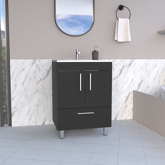 Modern dark grey bathroom vanity with silver hardware and integrated sink