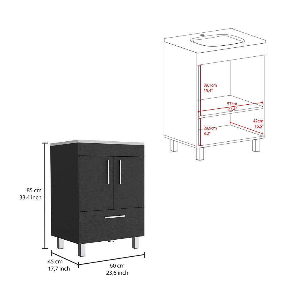 Dark gray cm bathroom vanity with two doors and a drawer includes dimensions