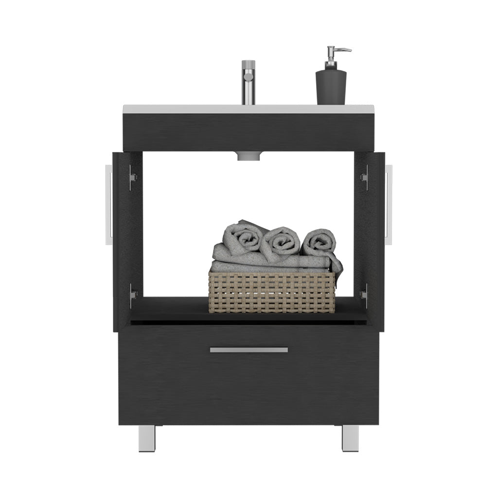 Dark gray modern bathroom vanity with open cabinet and towels in basket