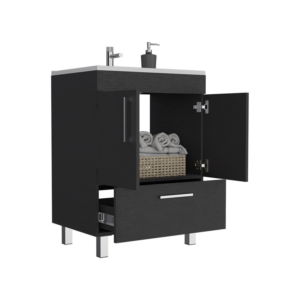 Dark wood bathroom vanity with chrome legs open doors revealing towels