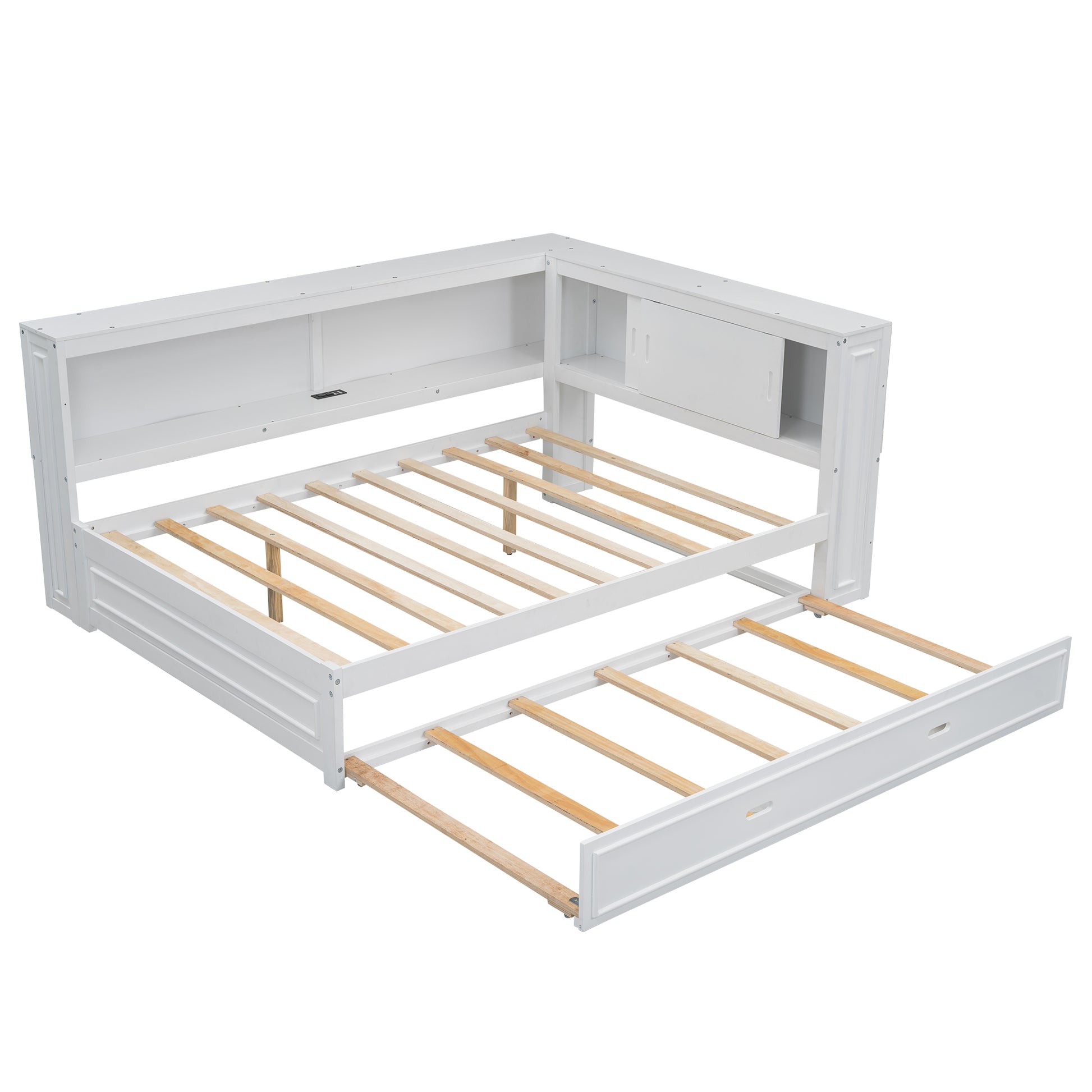 White twin daybed with pullout trundle and storage compartments