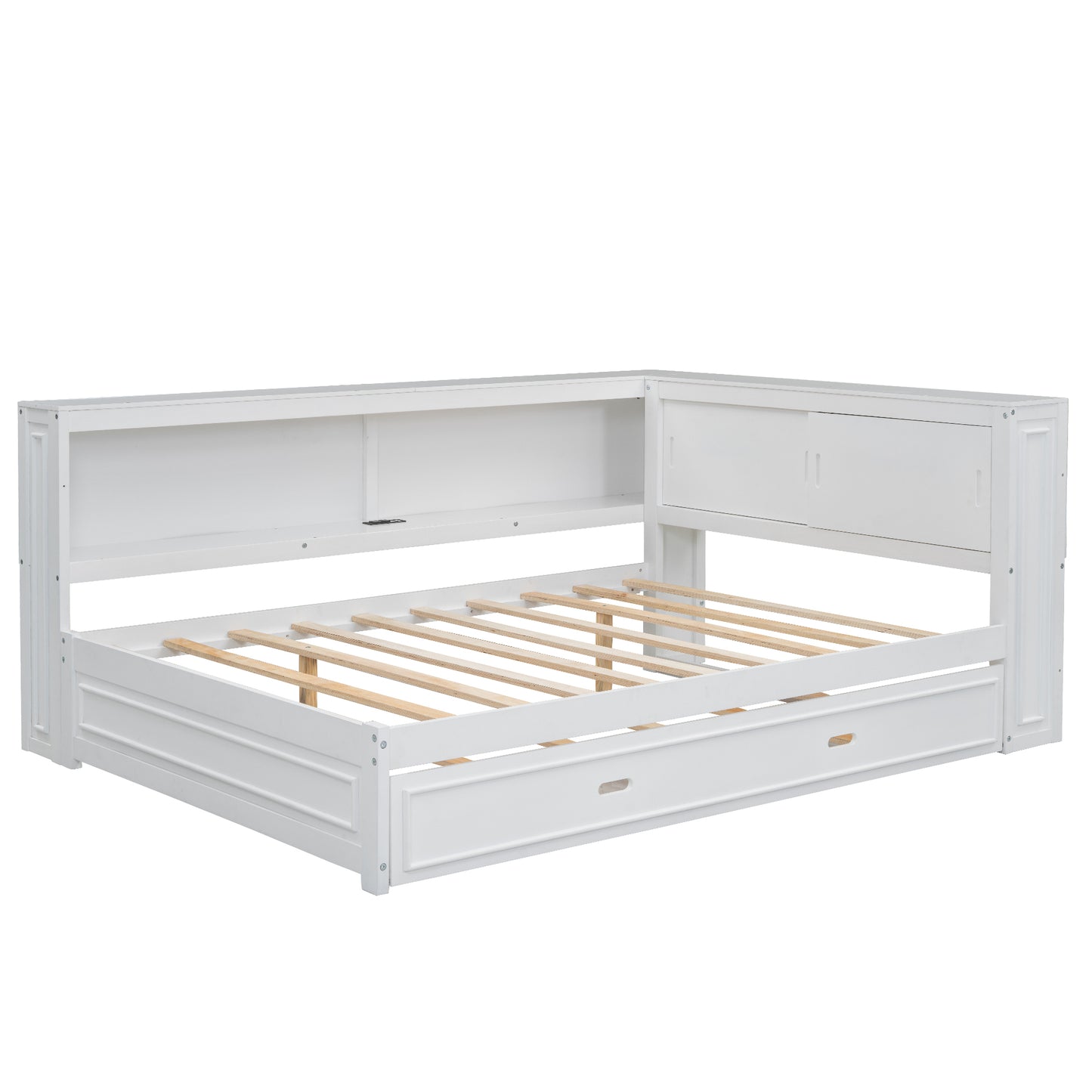 White wooden daybed with pullout trundle and builtin shelf