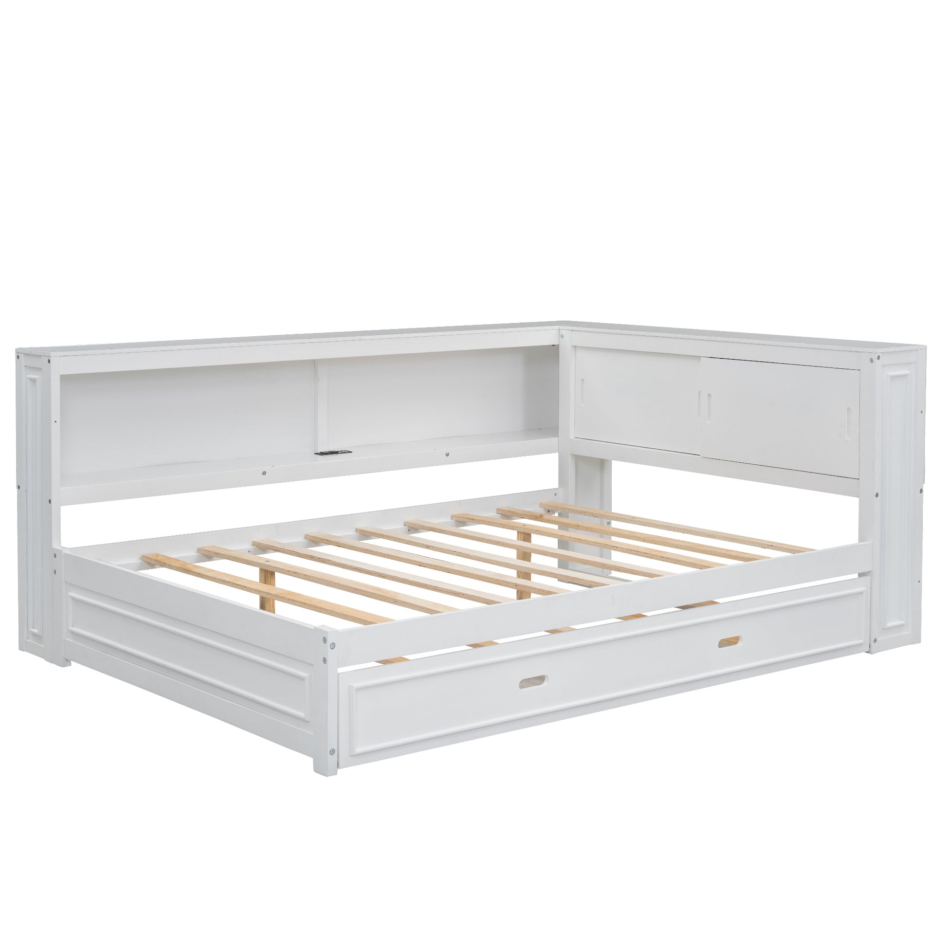 White wooden daybed with pullout trundle and builtin shelf