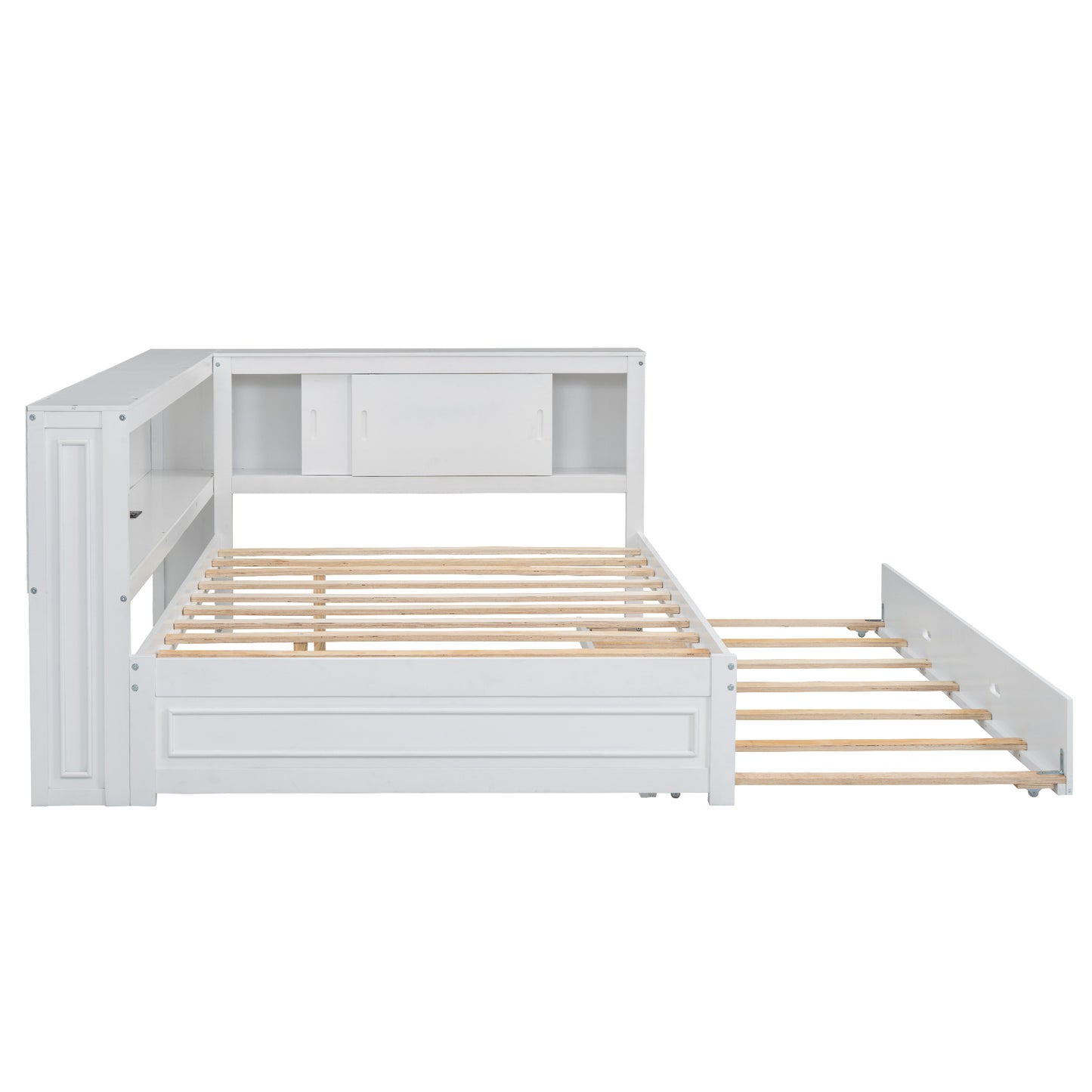 White wood twin bed frame with storage headboard and pullout trundle