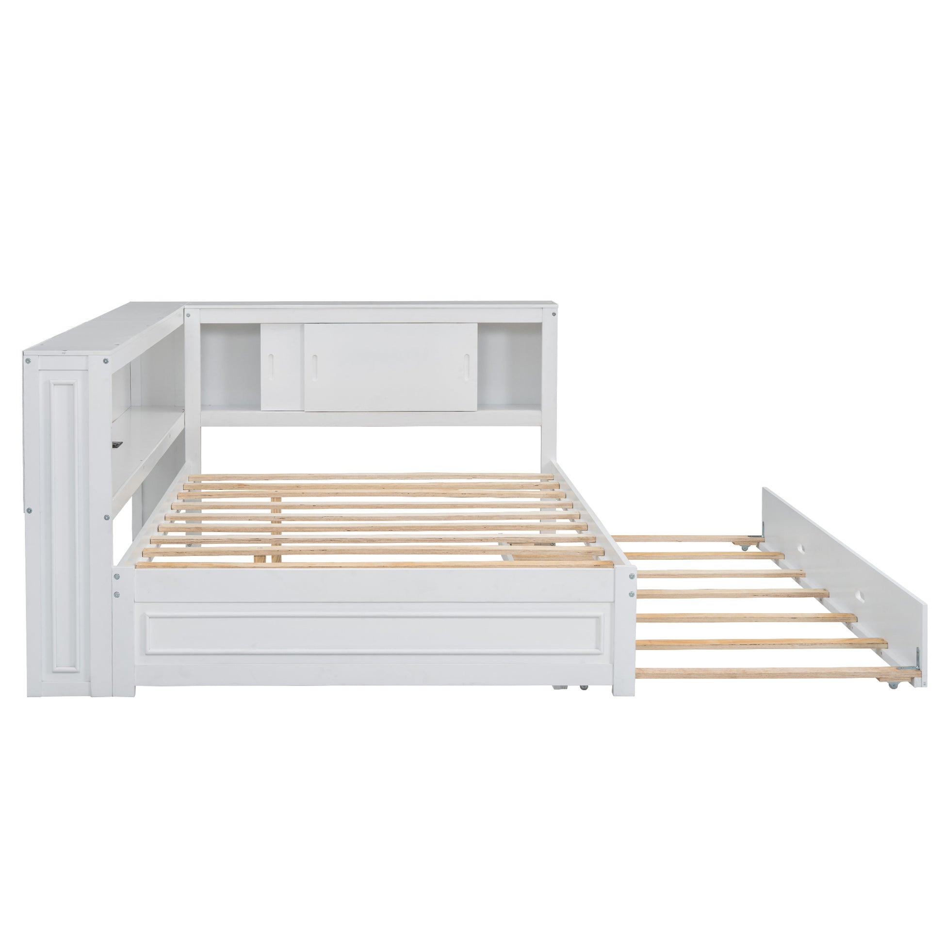 White wood twin bed frame with storage headboard and pullout trundle