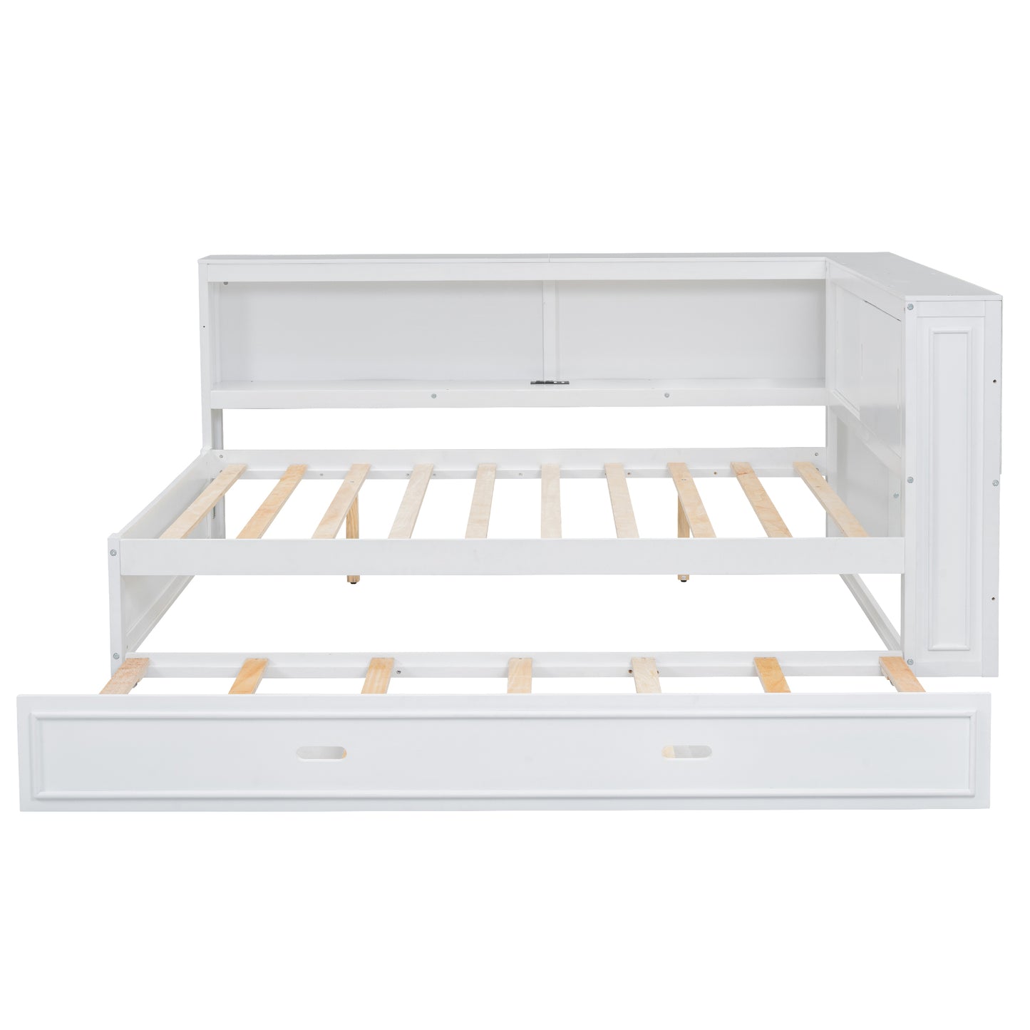 White corner daybed with trundle and builtin shelving