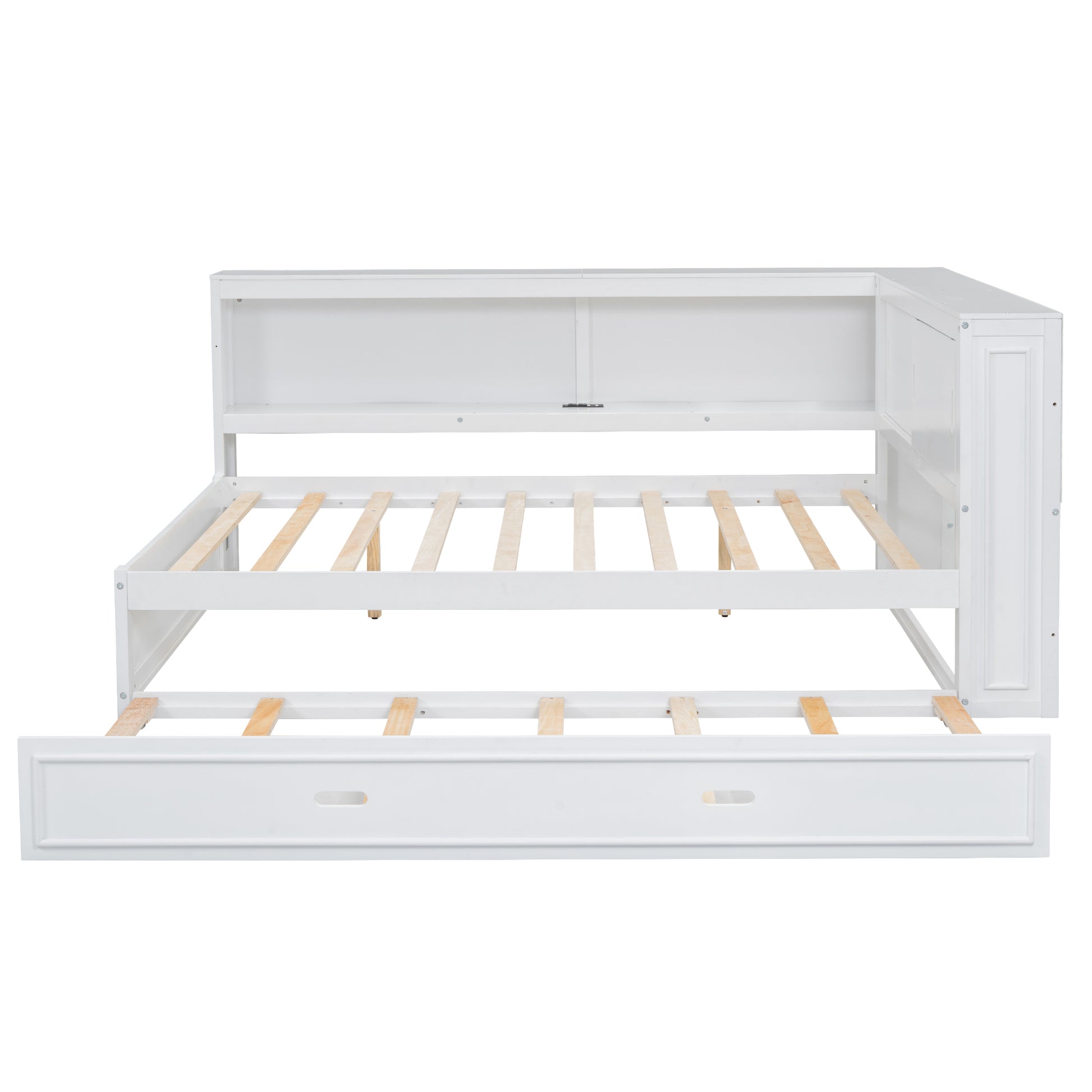 White corner daybed with trundle and builtin shelving