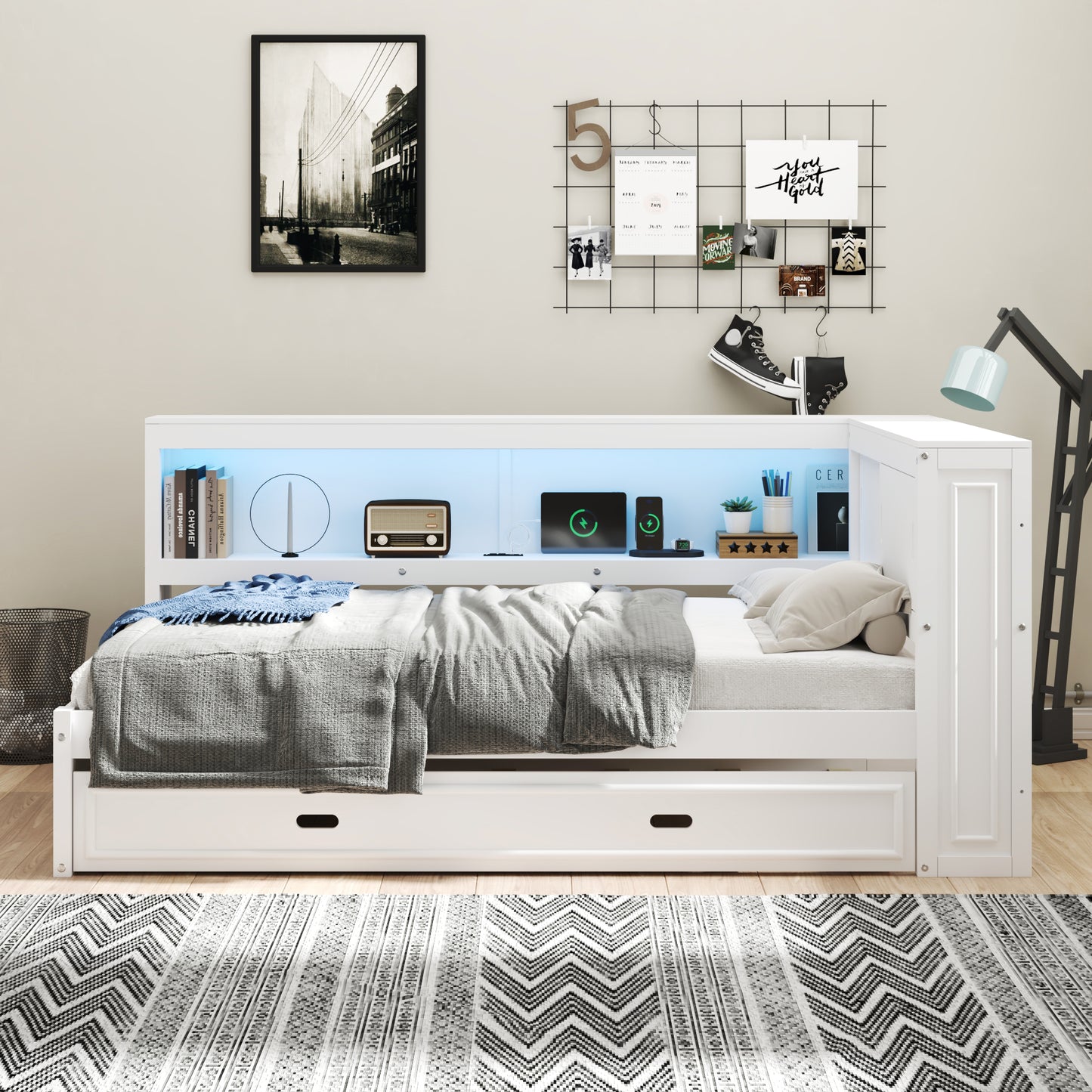 White twin daybed with storage drawers and blue LED backlighting