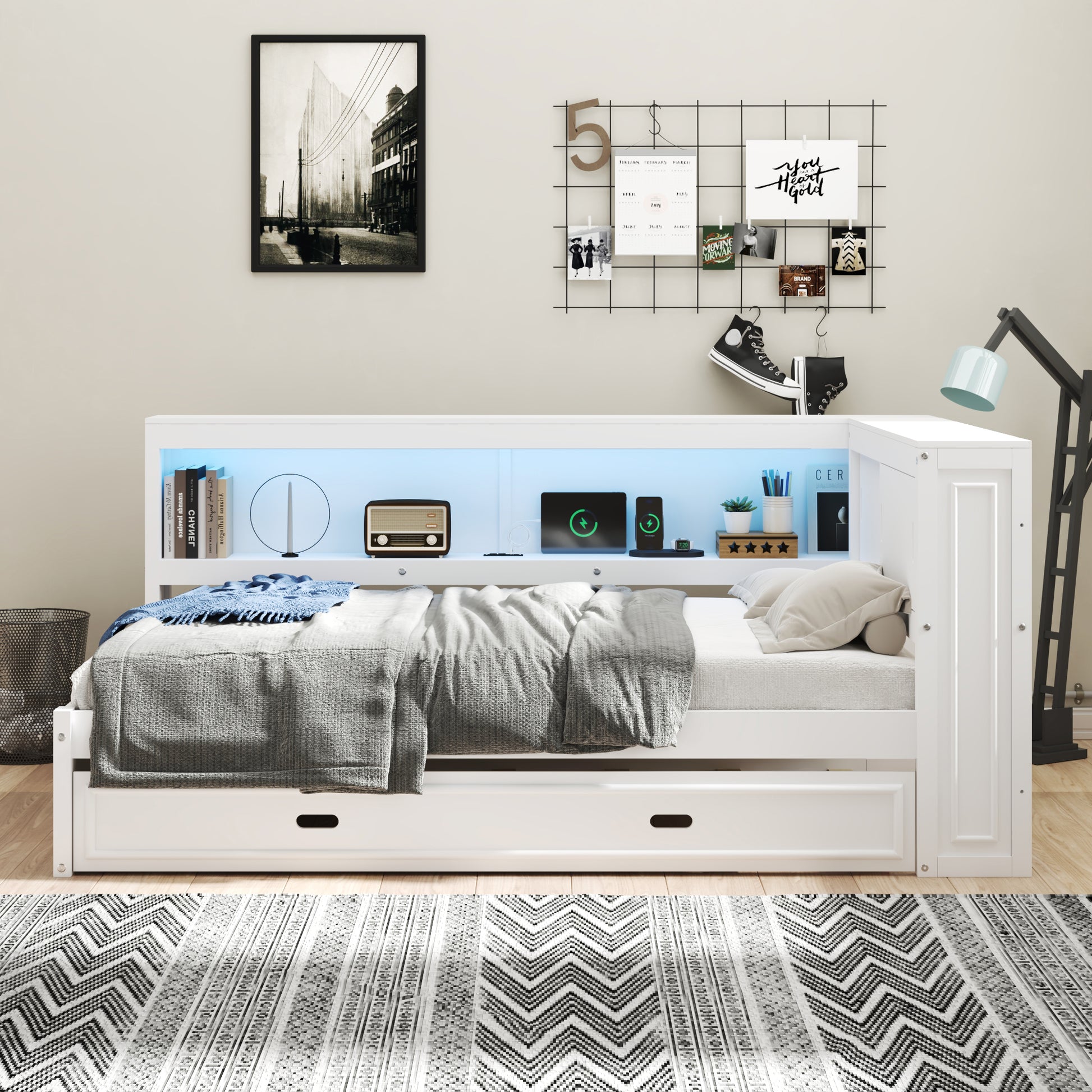 White twin daybed with storage drawers and blue LED backlighting