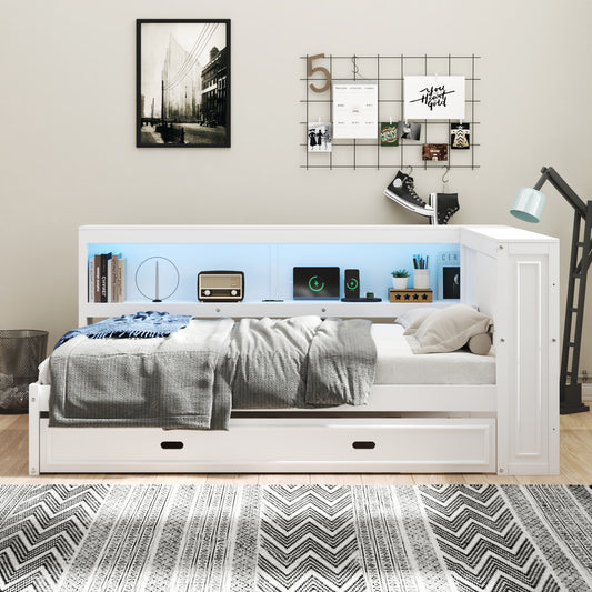 White twin daybed with storage drawers and blue LED backlighting