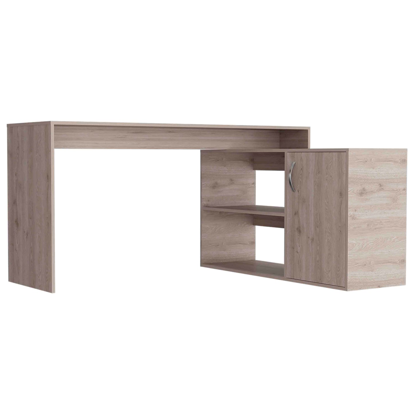 Modern wood effect computer desk with attached shelving and cabinet