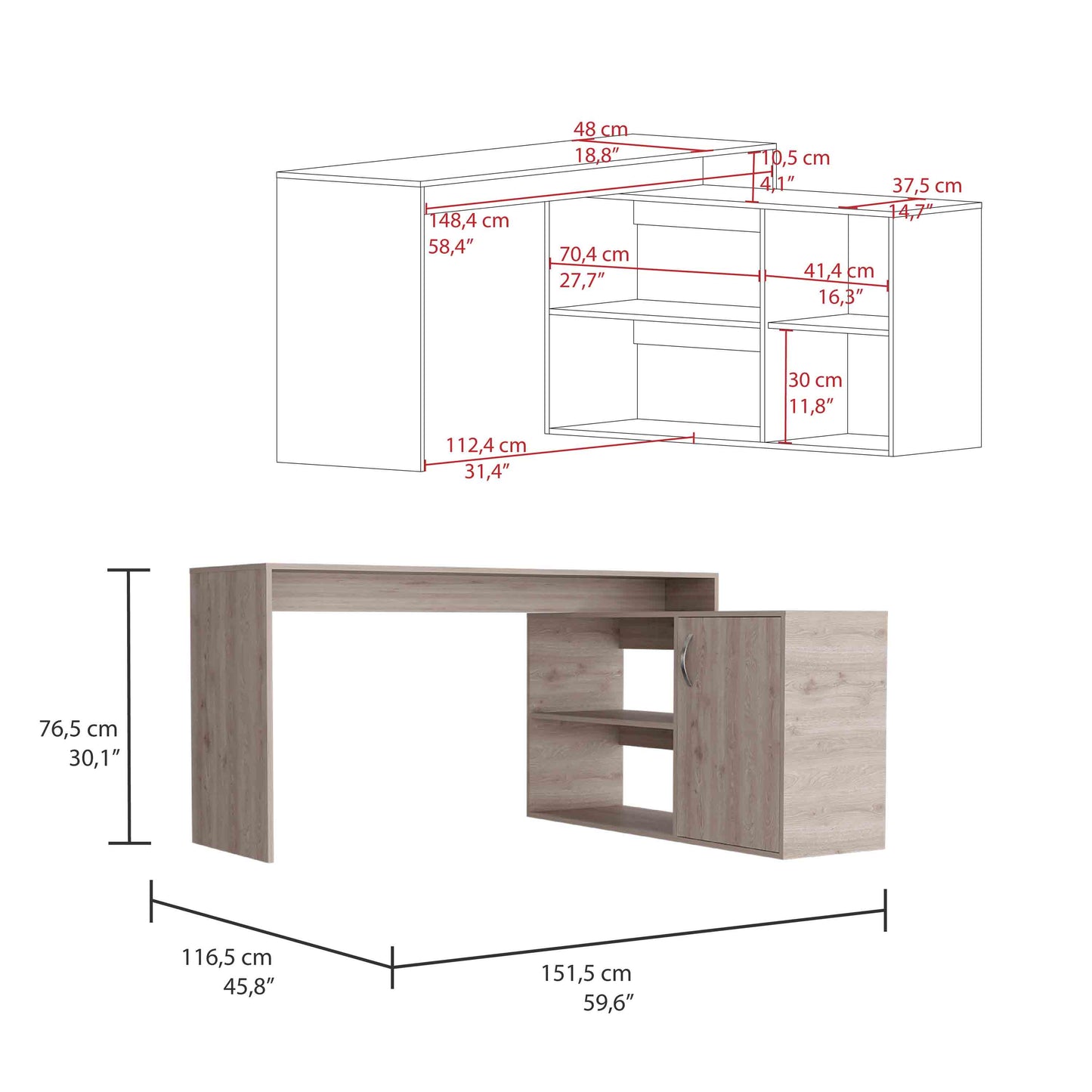 Light oak Lshaped desk with shelves and cabinet for office or home use