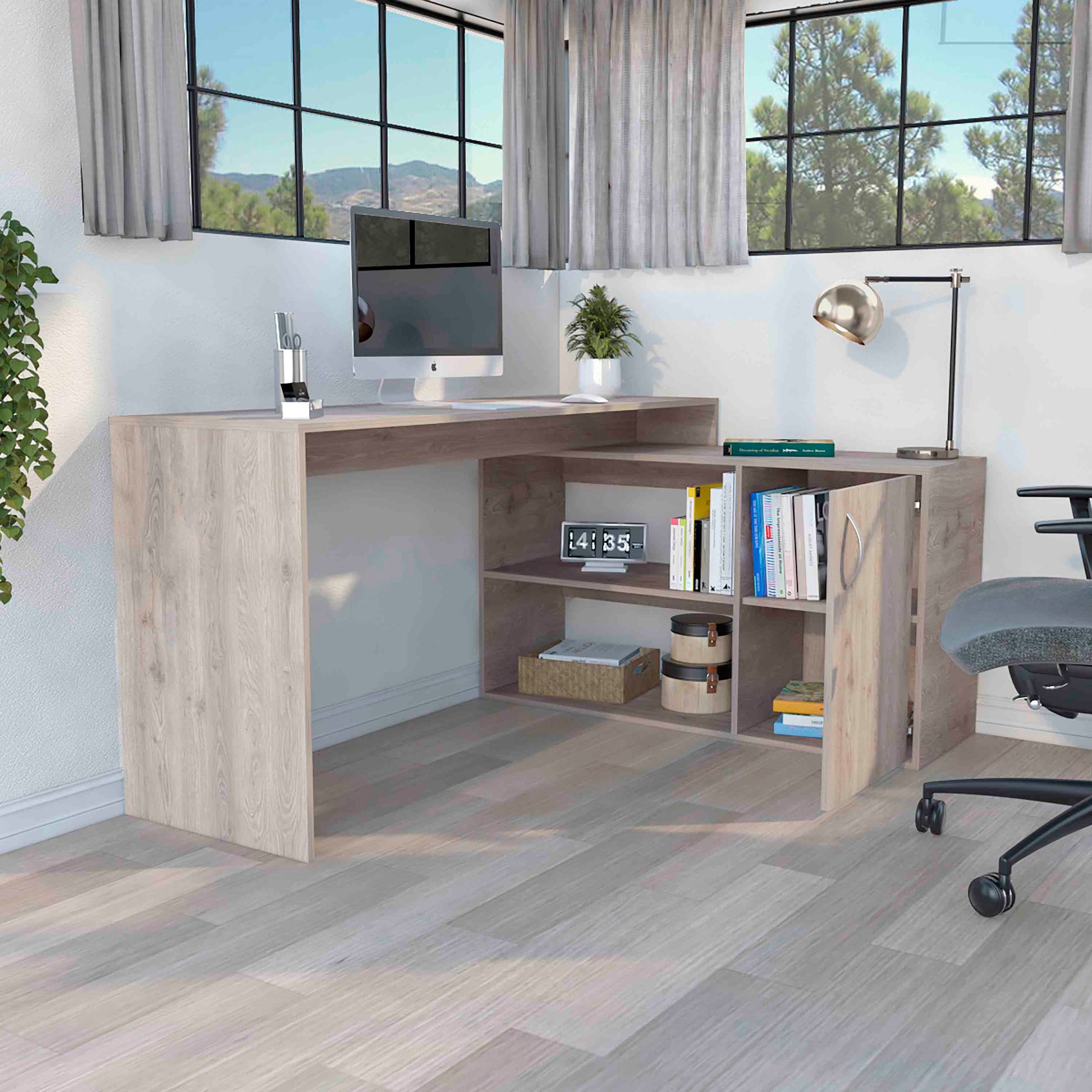 Lshaped light oak laminate desk with builtin shelving and cabinet for home office