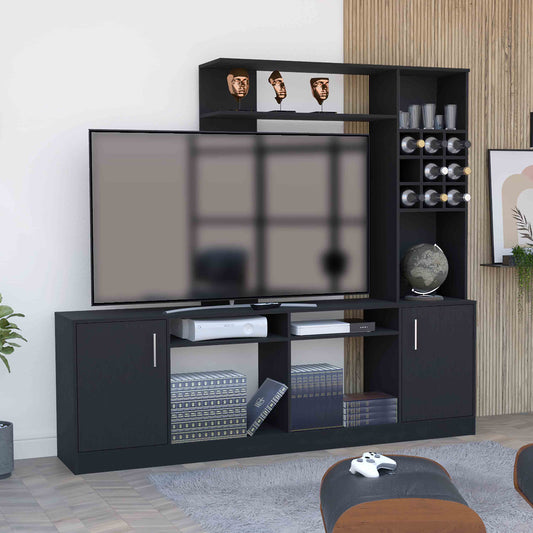 Black modern entertainment center with open shelving and wine rack