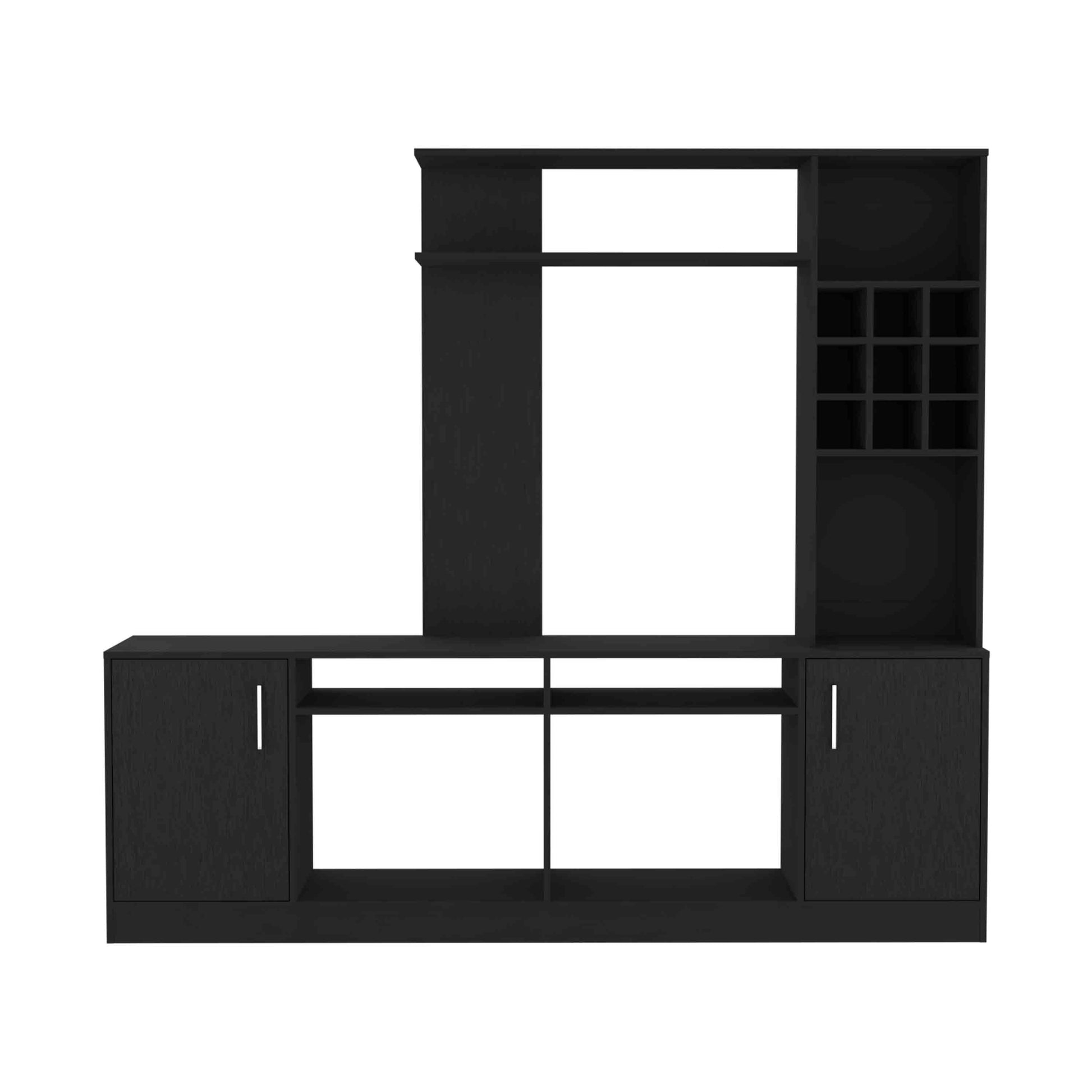 Modern black entertainment center with wine rack and cabinet storage