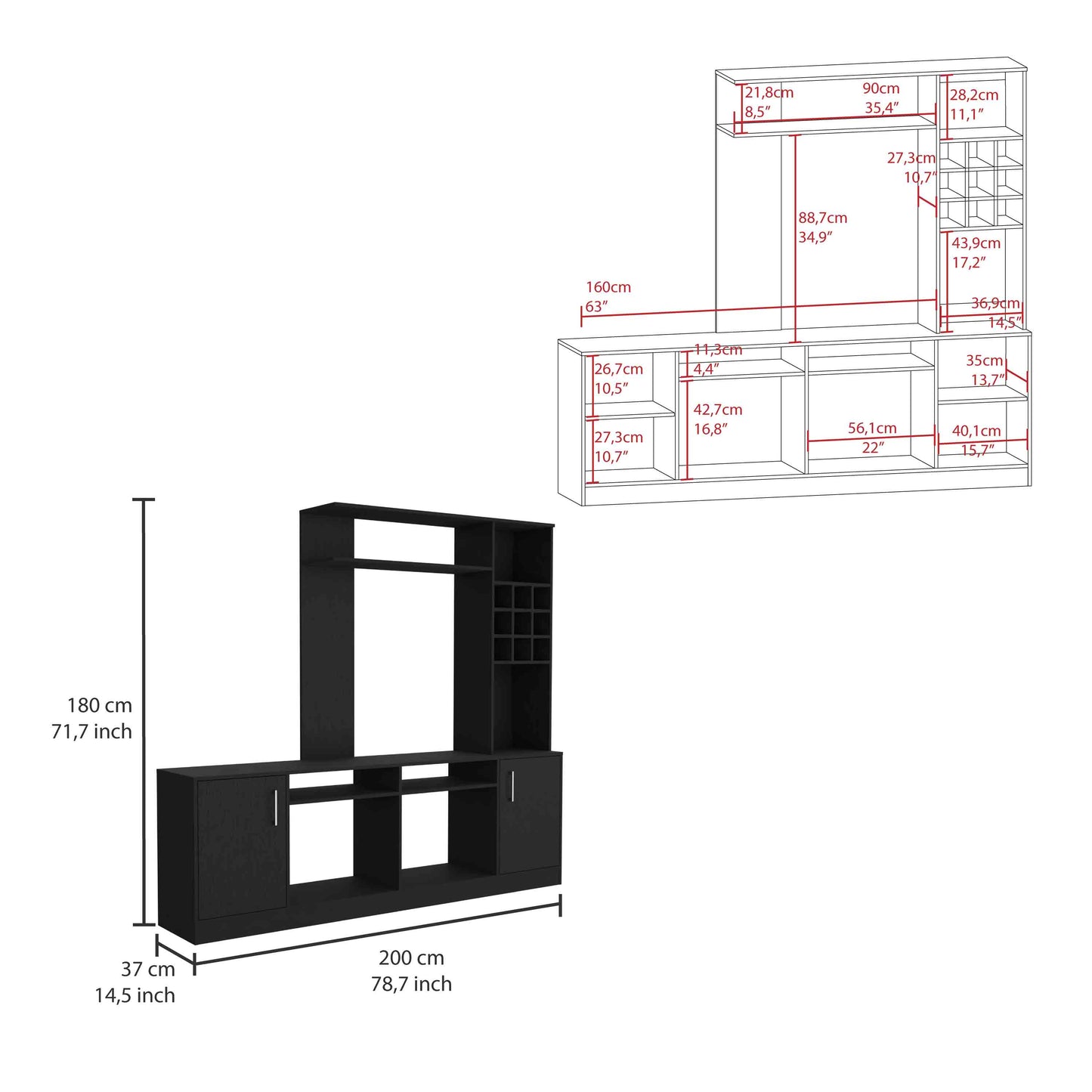 Black media console with wine rack and shelving cm wide modern entertainment unit