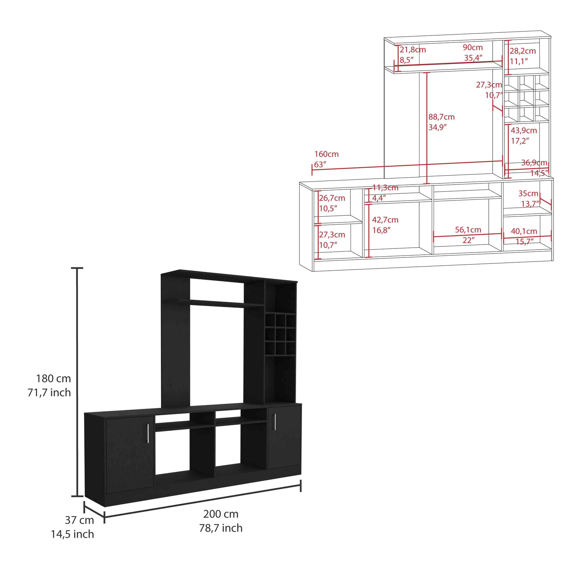 Black media console with wine rack and shelving cm wide modern entertainment unit