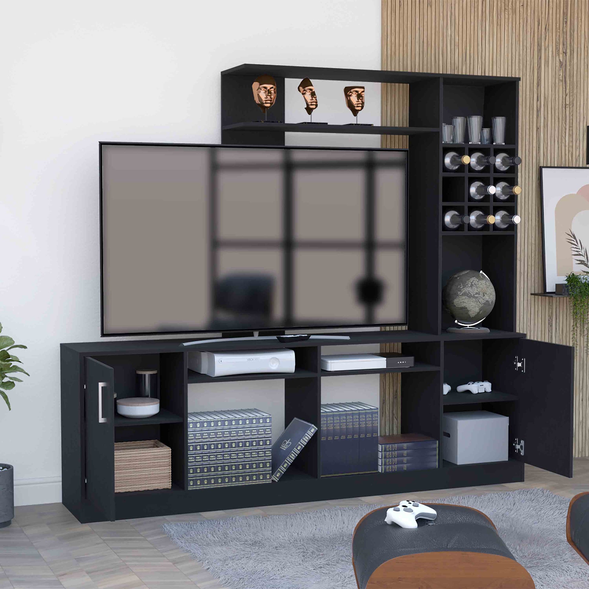 Black media console with wine rack shelves and closed cabinets for modern living rooms