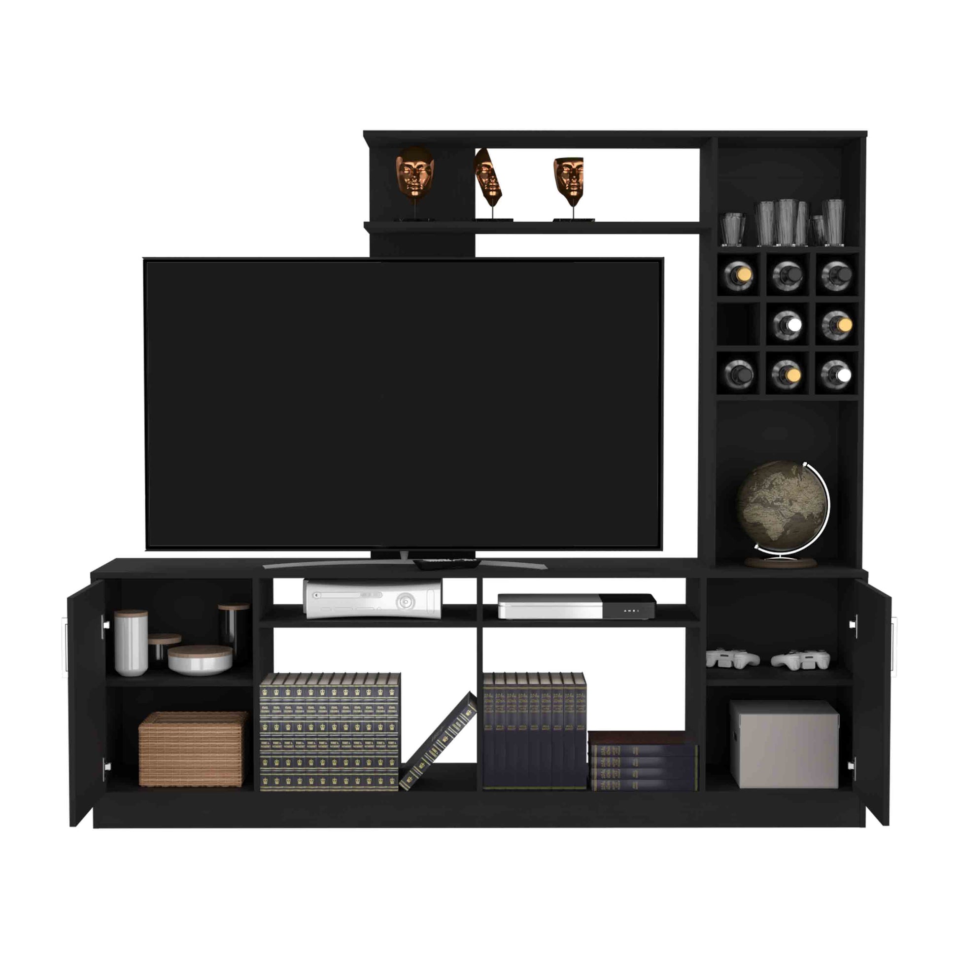 Black modern media console with integrated wine rack and display shelves