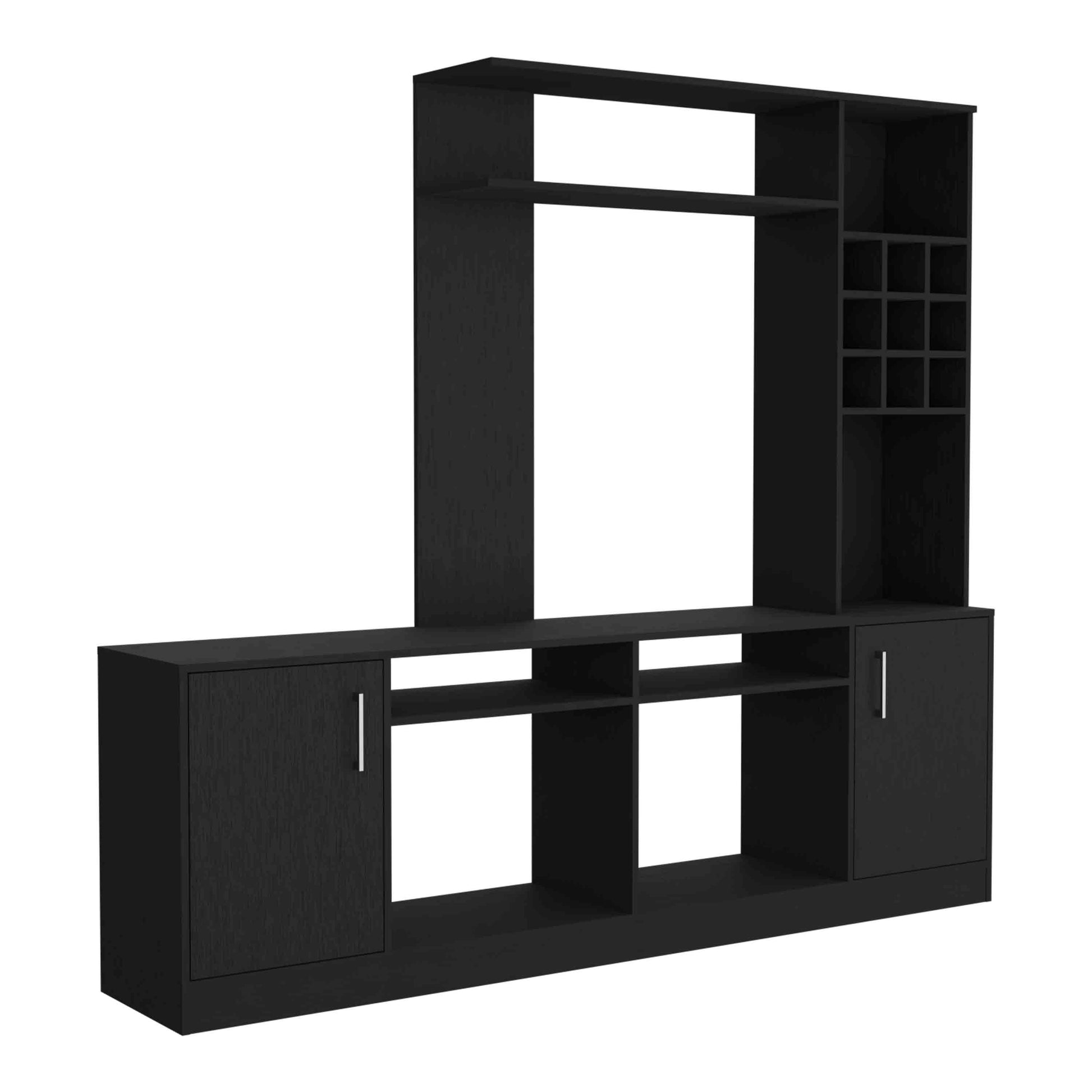 Black modern media console with wine rack shelving and cabinets