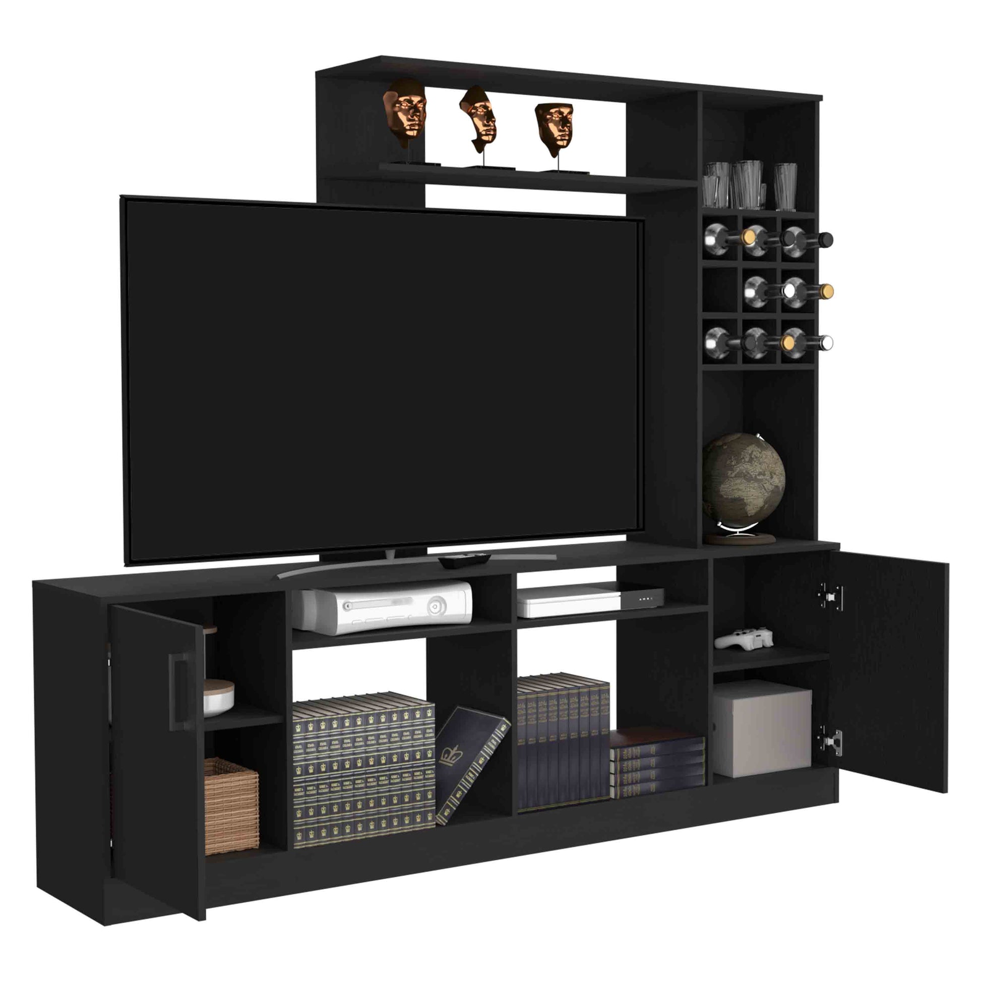 Modern black media console with TV wine rack and storage shelves
