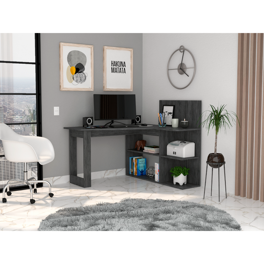 Modern Lshaped desk with builtin shelving in dark grey wood grain finish