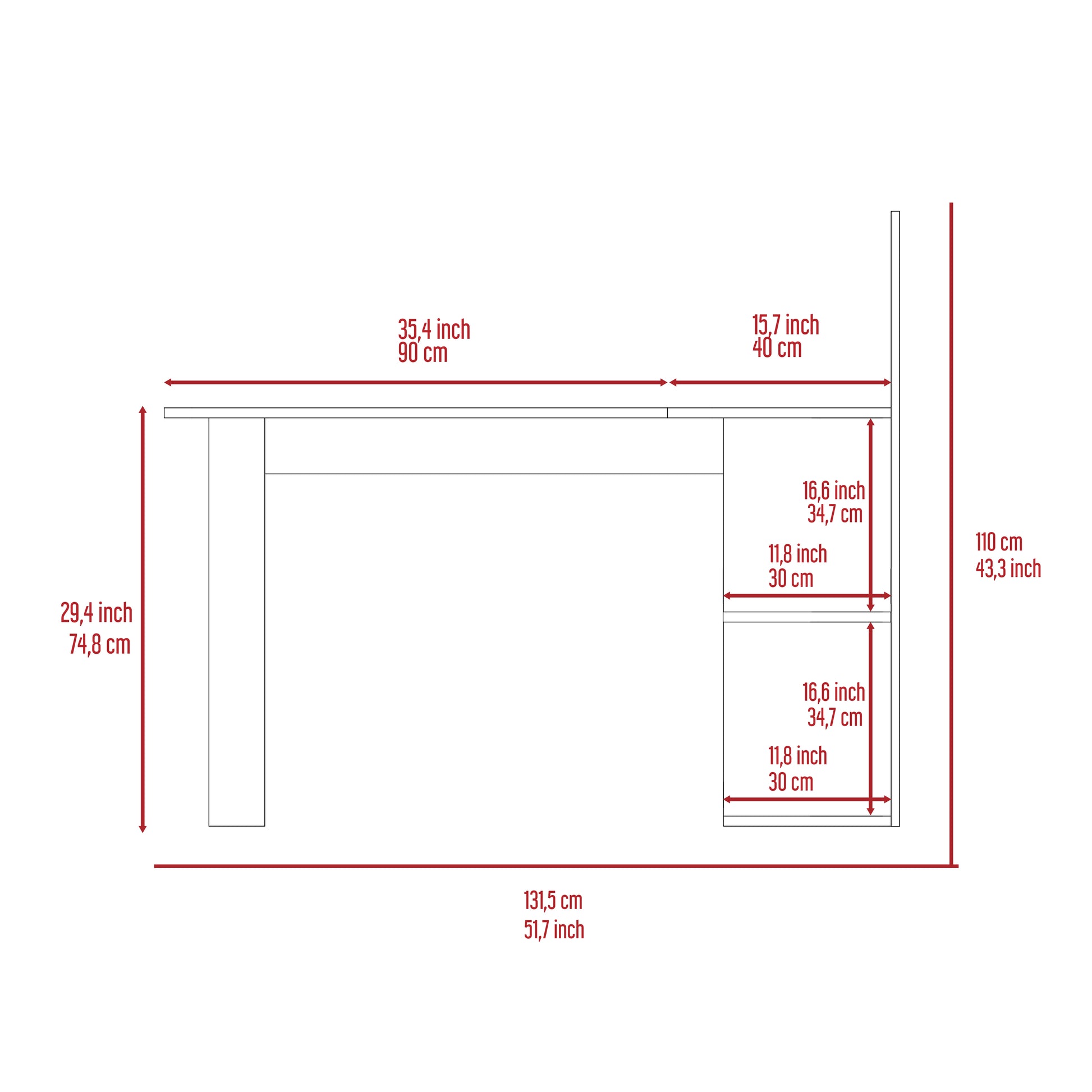 Lshaped modern desk diagram with dimensions in inches and cm for a spacious workspace