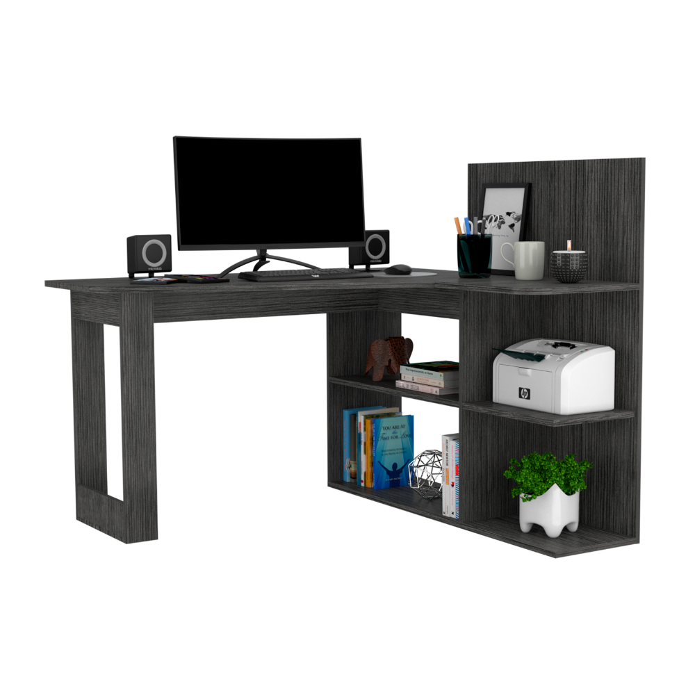 Dark grey modern Lshaped computer desk with integrated shelving and a monitor