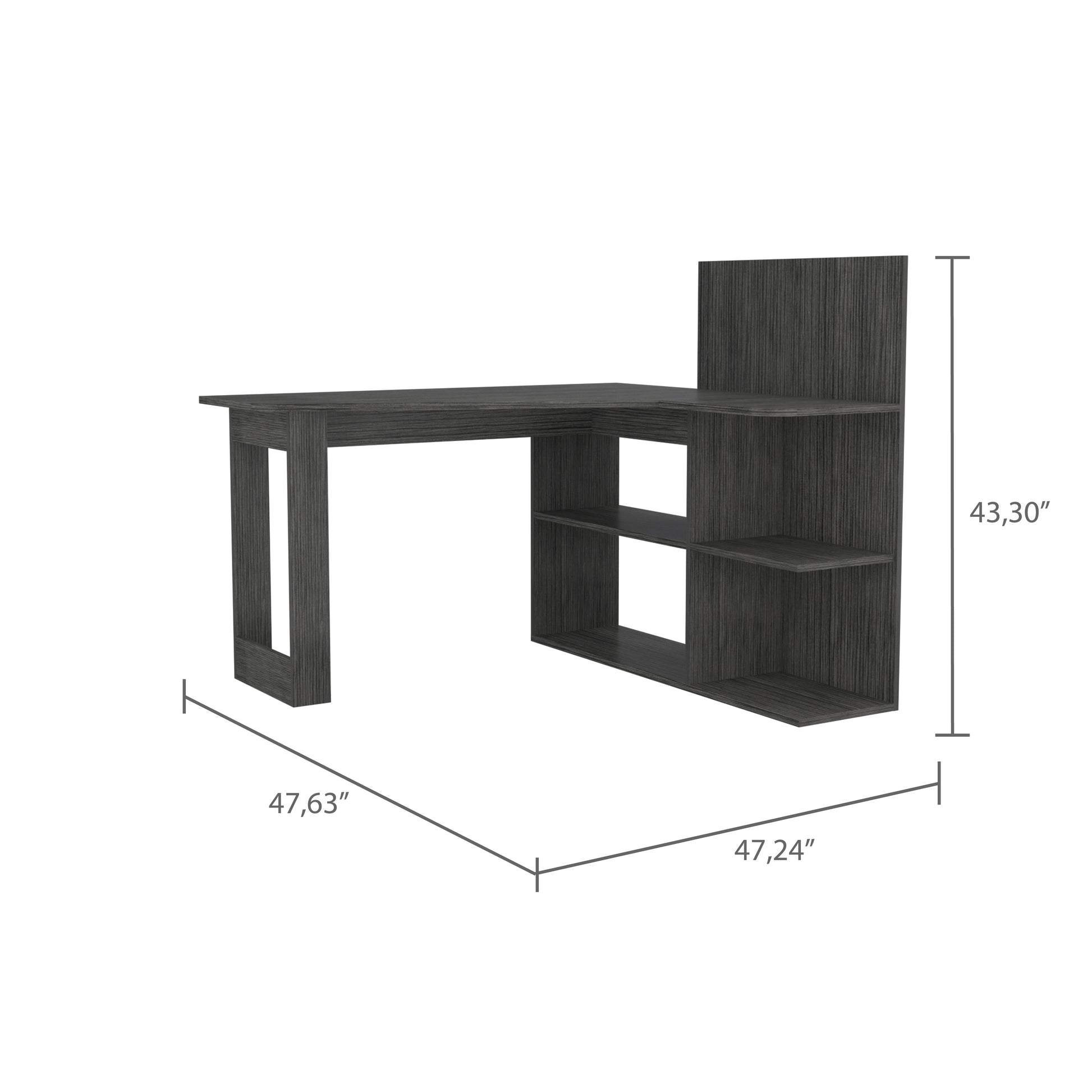Dark gray modern lshaped desk with builtin shelving unit for home office