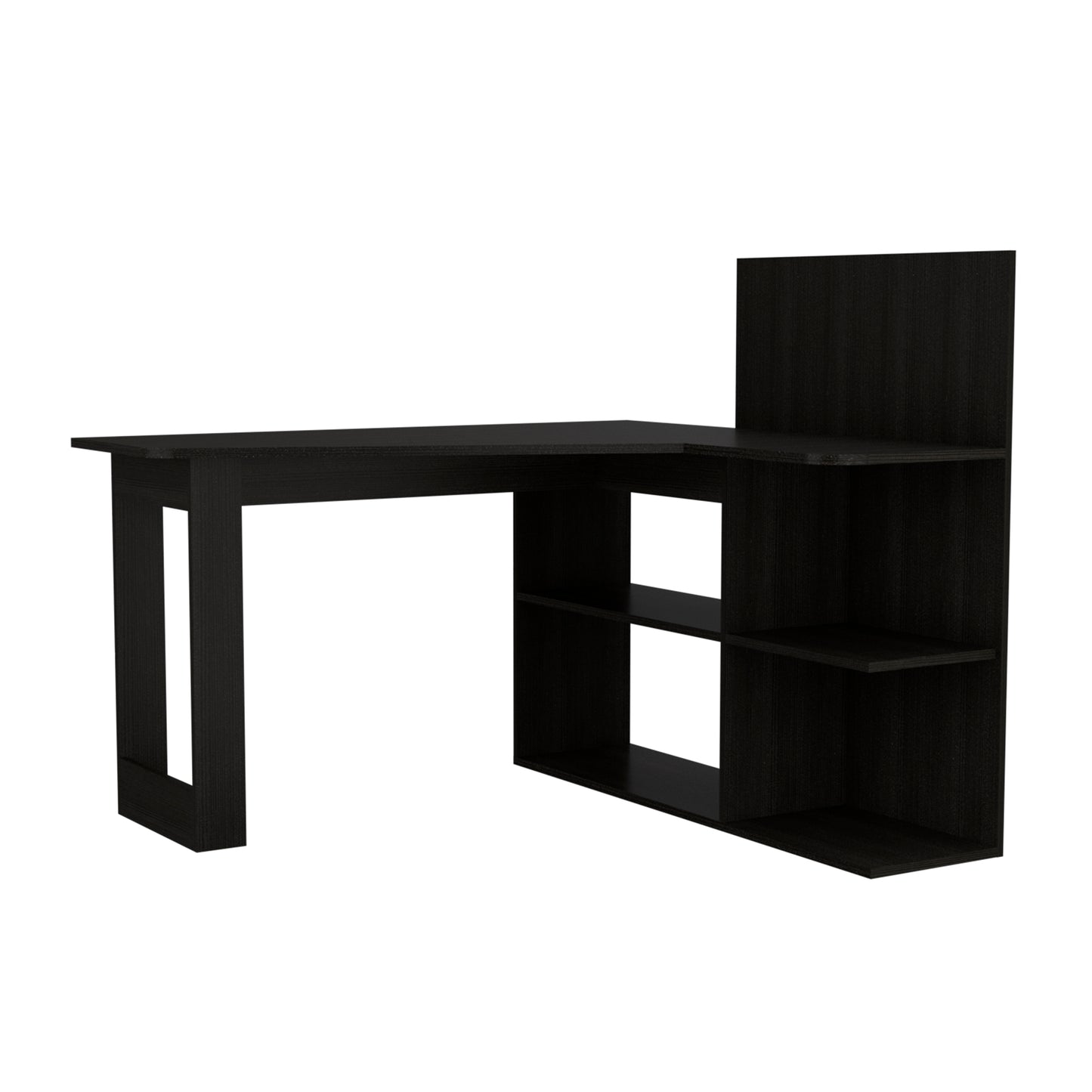 Dark brown modern corner computer desk with builtin shelving unit for efficient workspace
