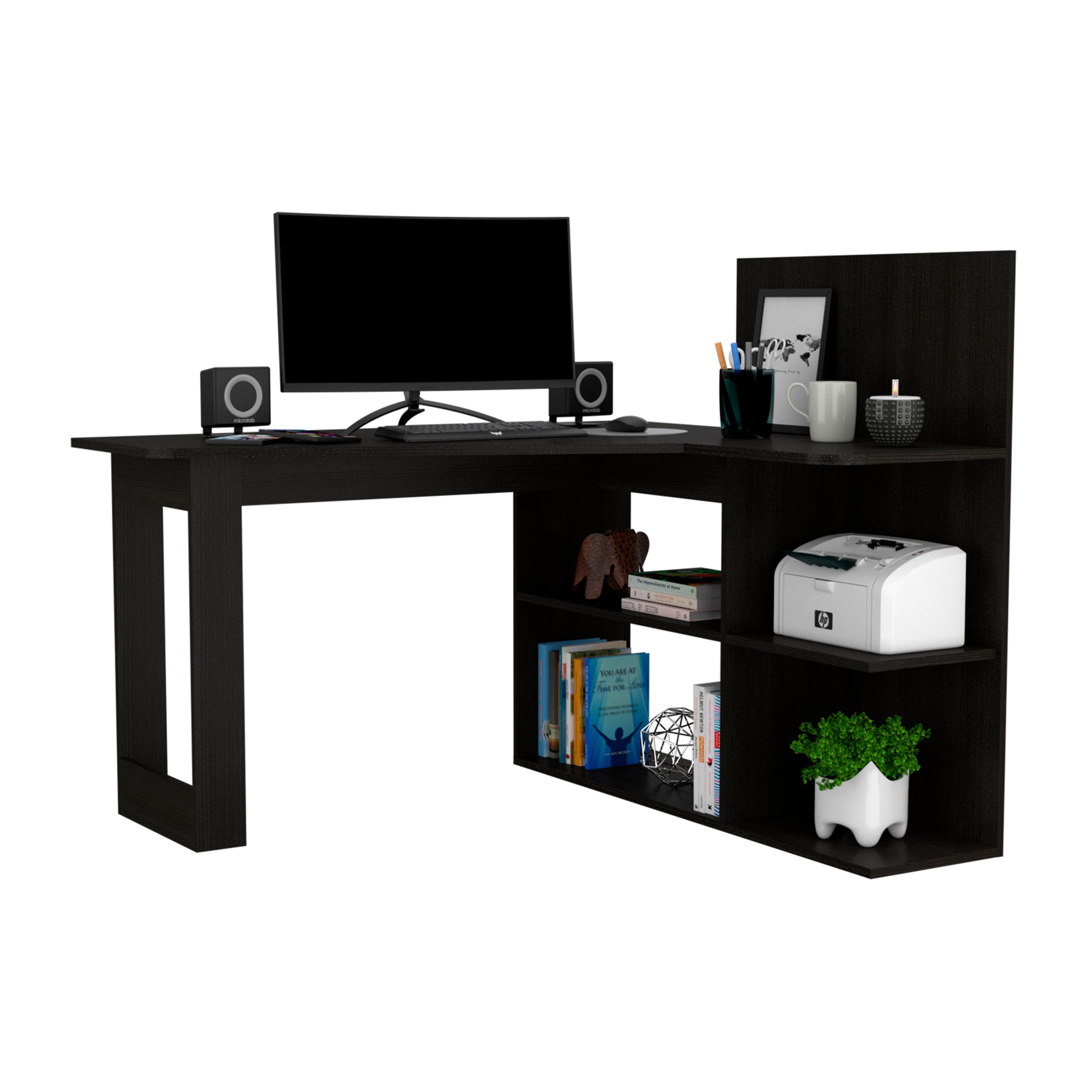 Dark wood Lshaped computer desk with shelves monitor and printer