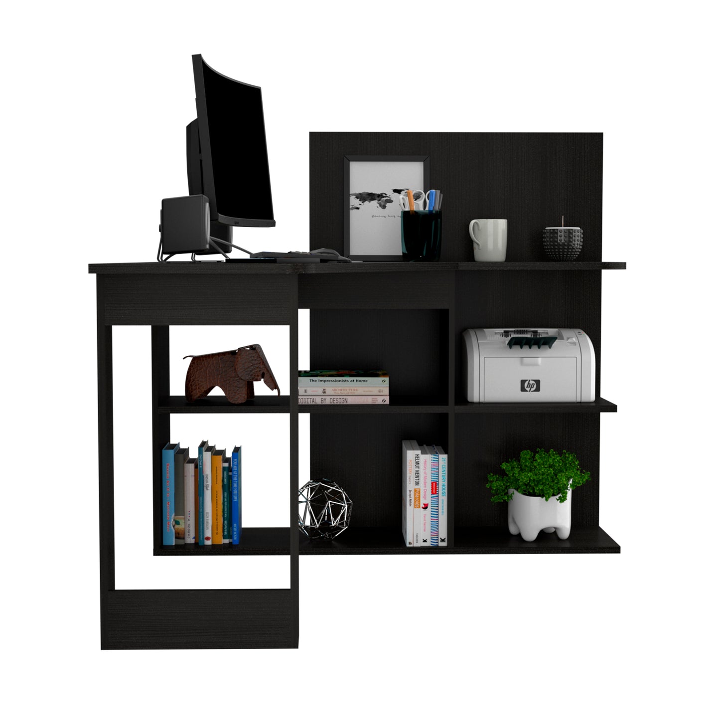 Black modern computer desk with shelves holding a monitor printer books and decorative items