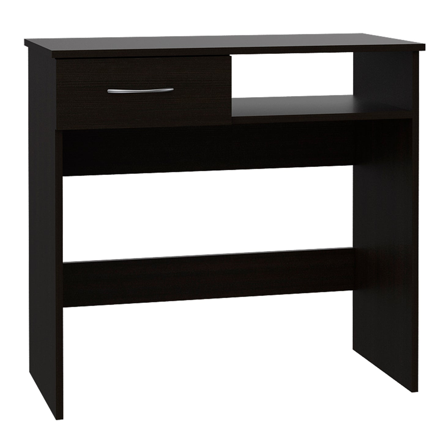 Dark wood desk with one drawer and open shelving