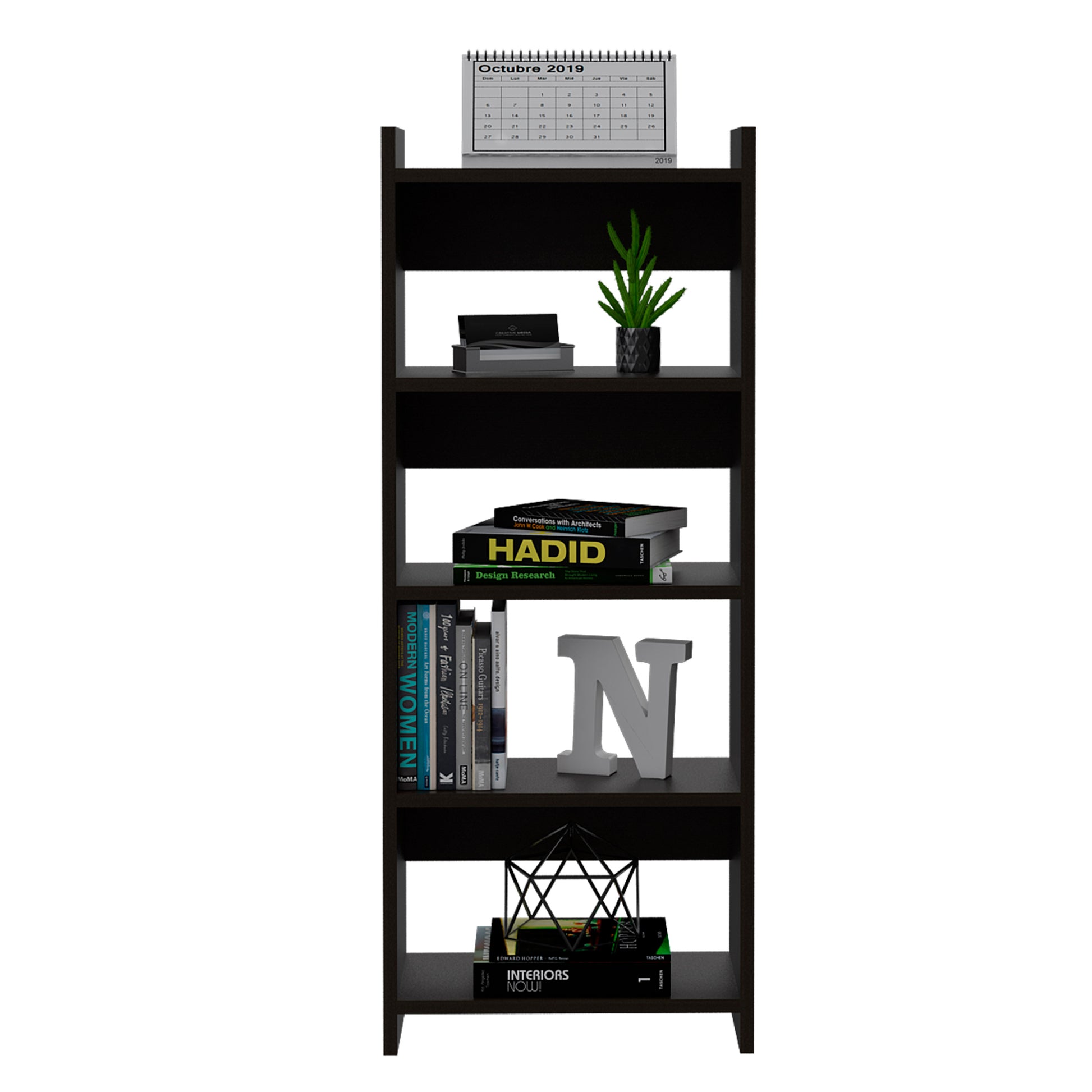 Dark brown tall bookshelf with a  October calendar on the top shelf