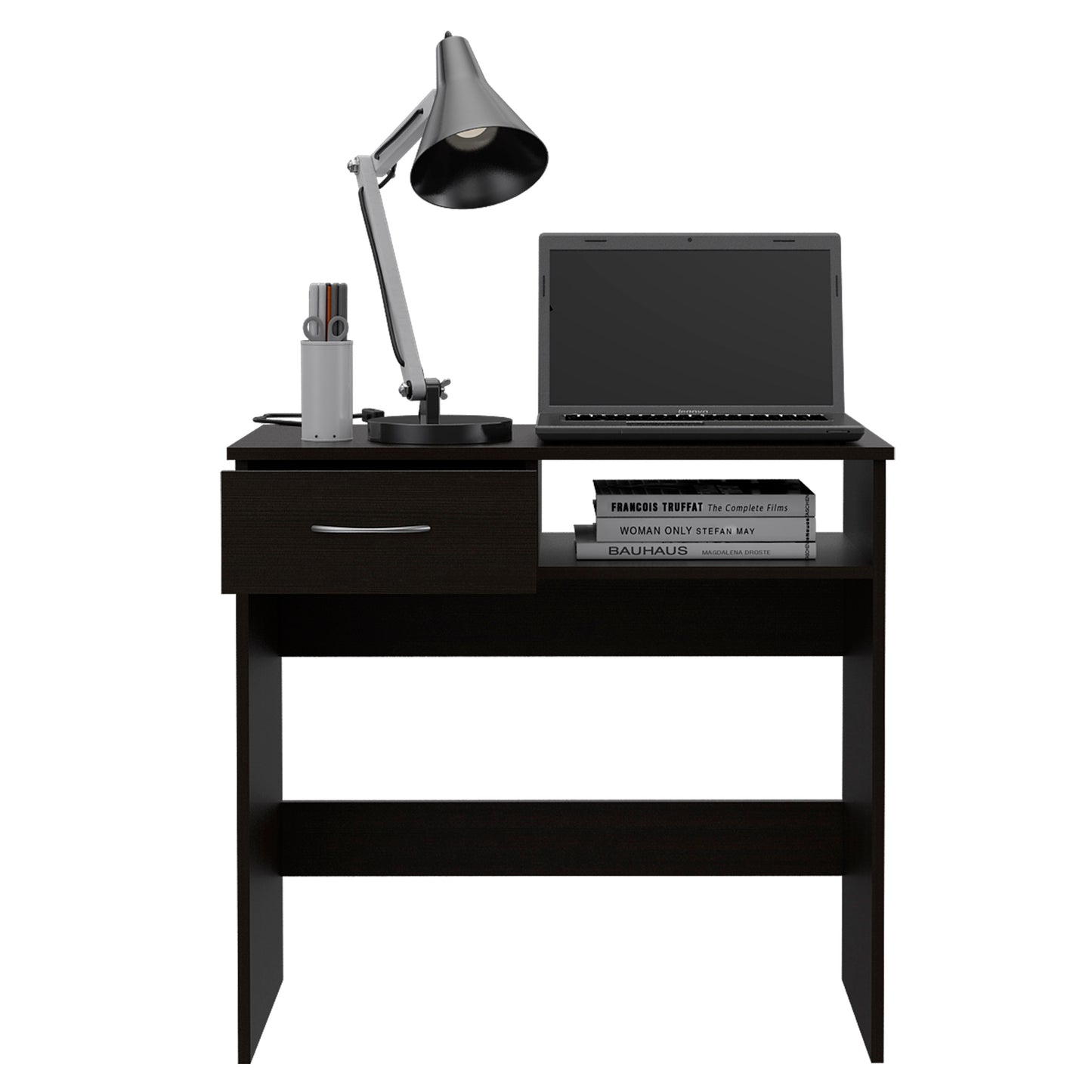 Dark brown study desk with a laptop adjustable lamp and books