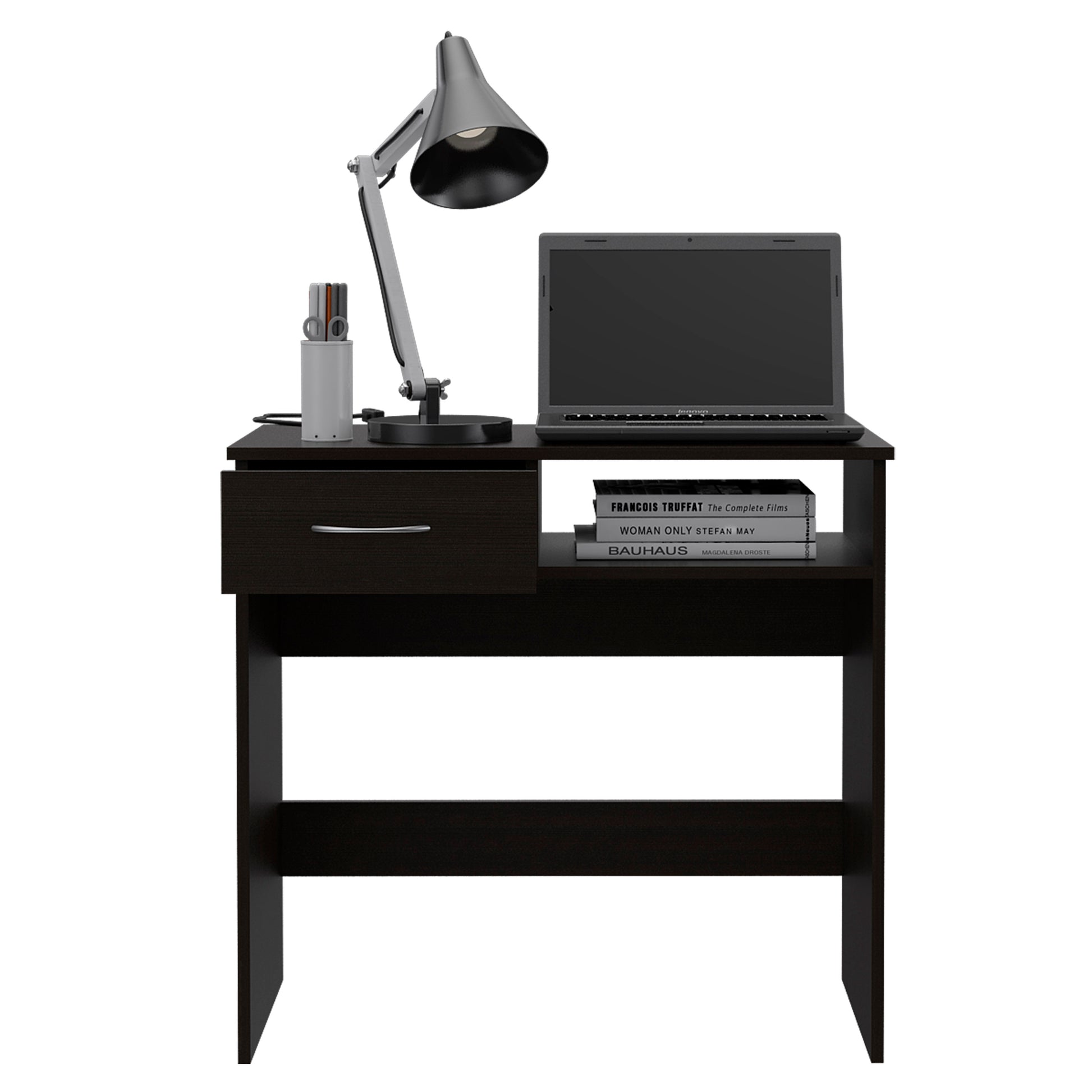 Dark brown study desk with a laptop adjustable lamp and books