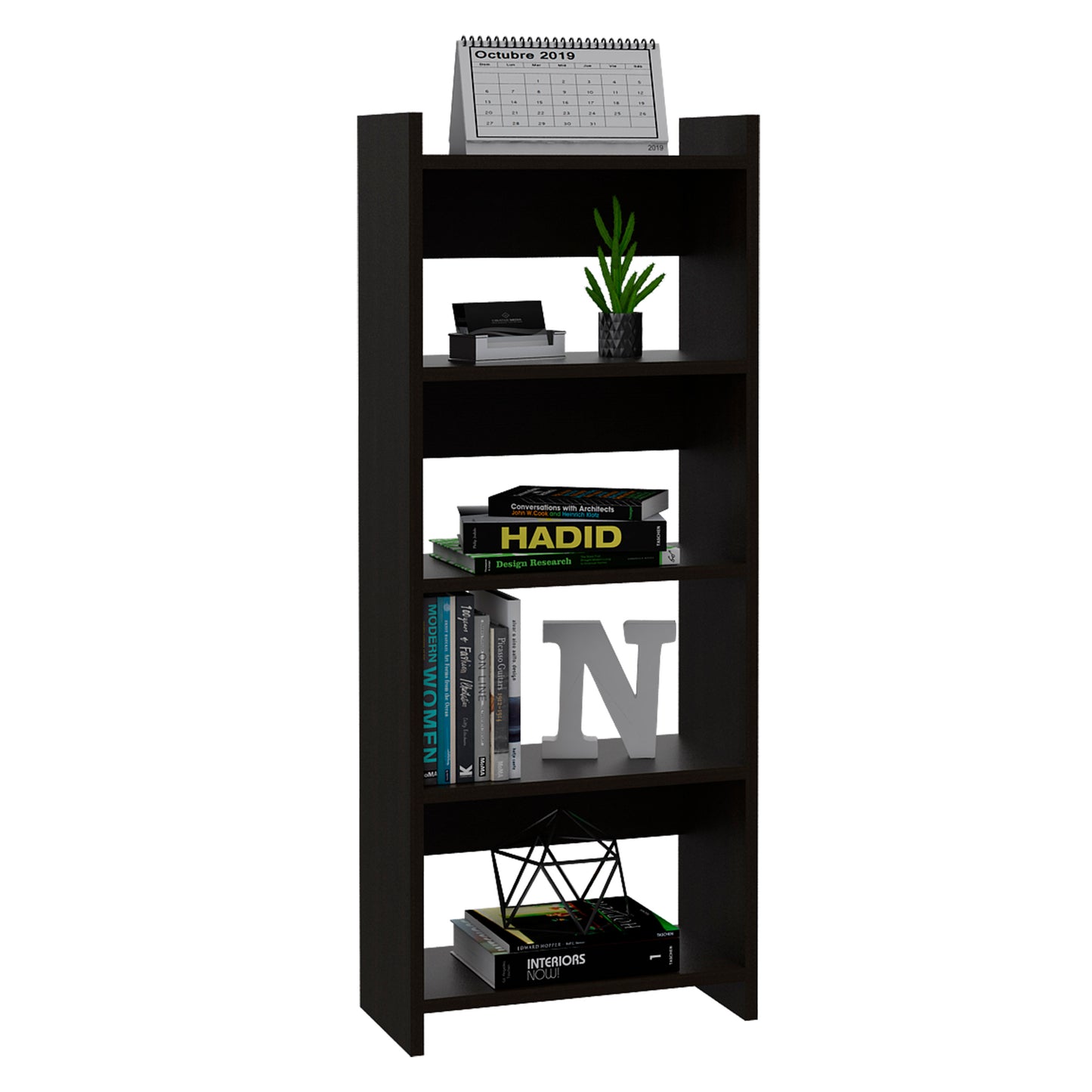 Dark brown modern shelf bookcase with decor books and calendar