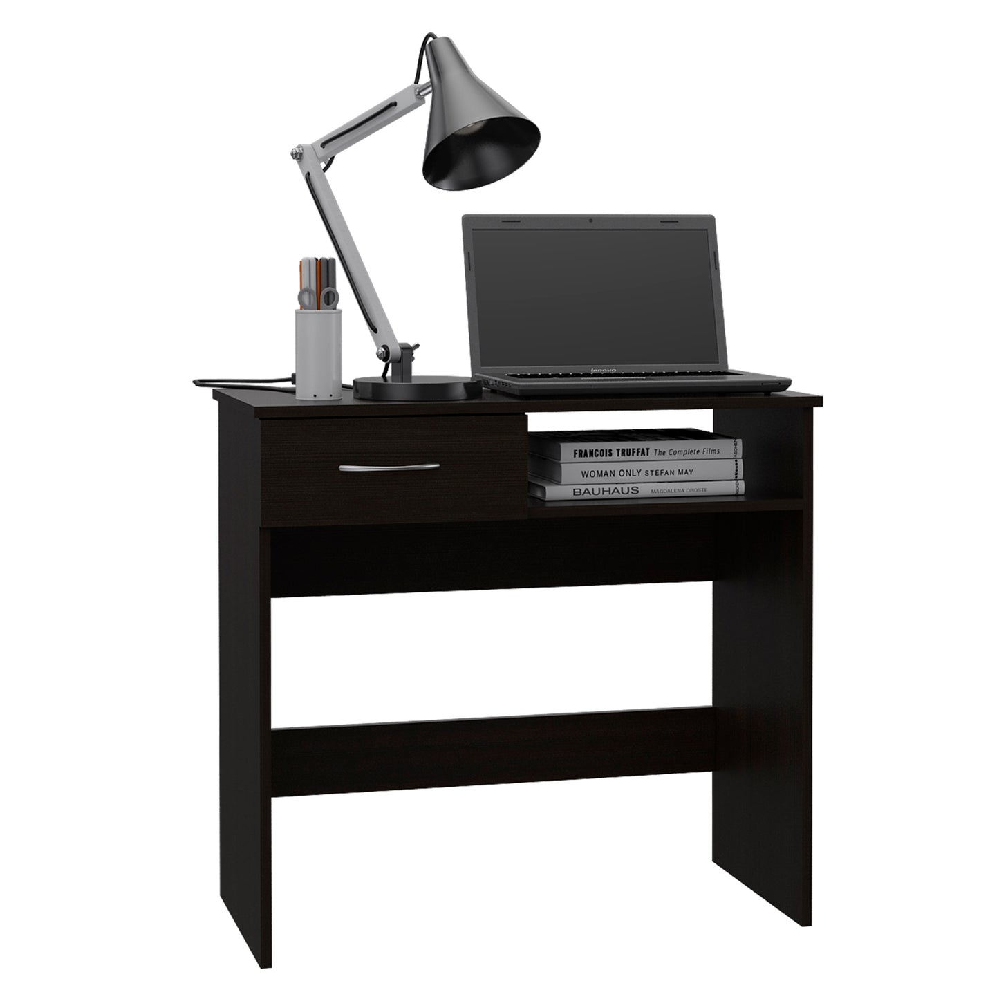 Dark brown particleboard computer desk with integrated laptop adjustable desk lamp and pen holder