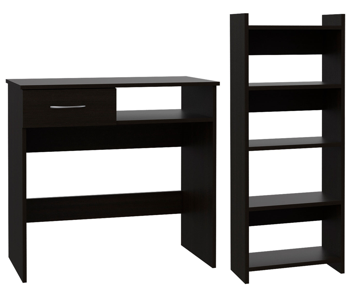Dark brown particle board desk with drawer and open shelf paired with a matching bookcase