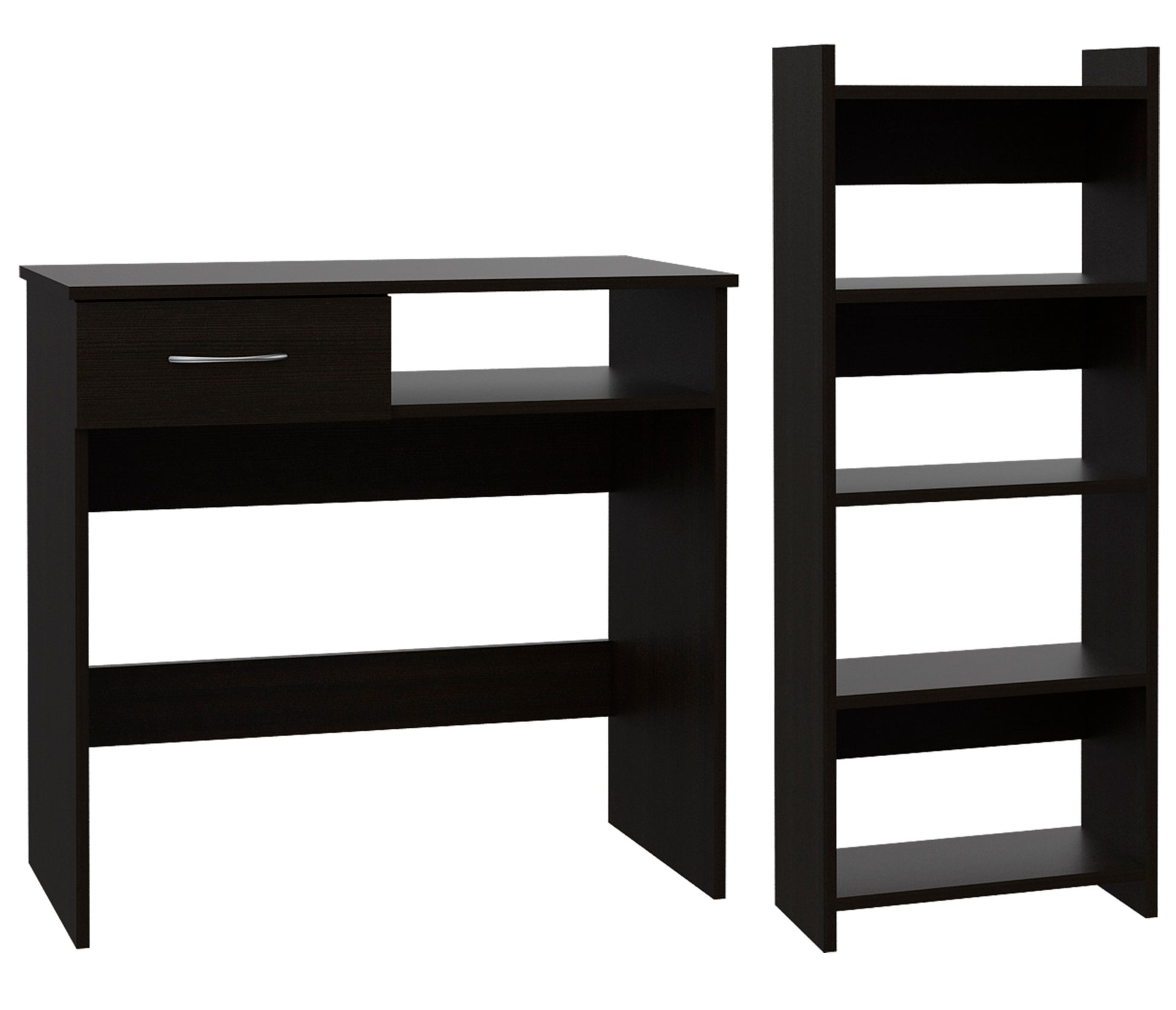 Dark brown particle board desk with drawer and open shelf paired with a matching bookcase