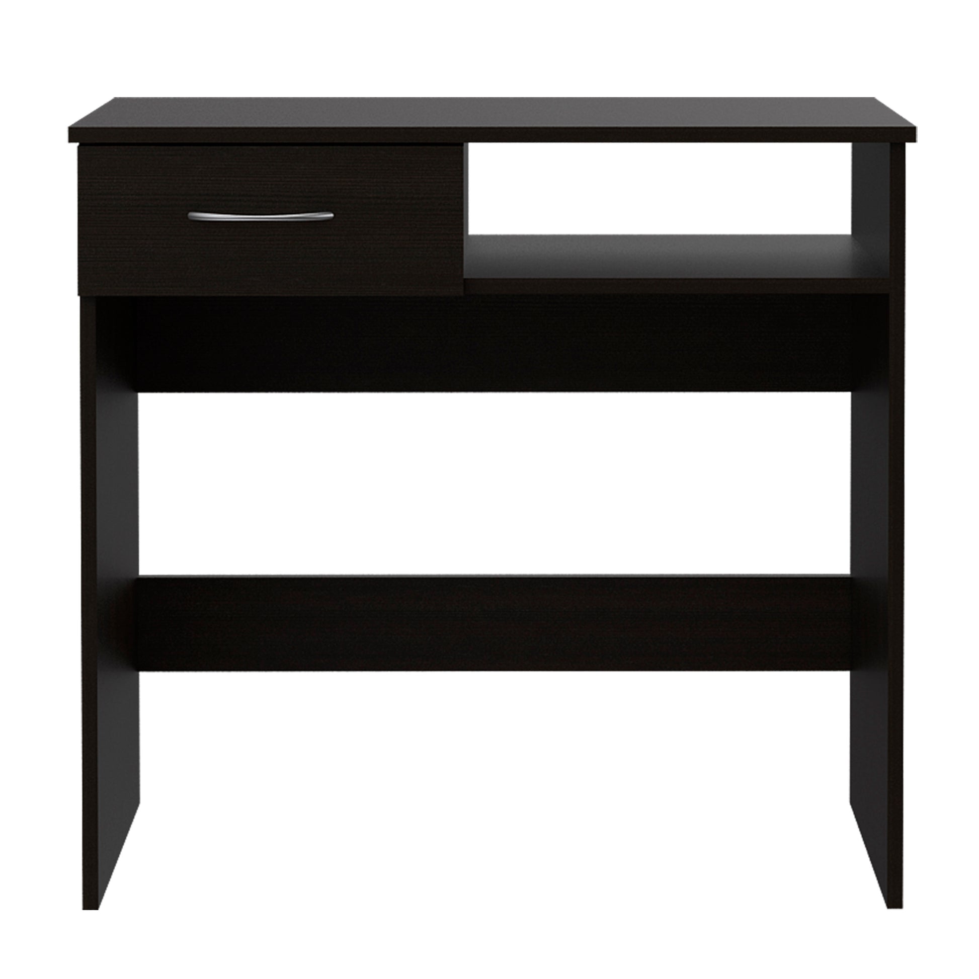 Dark brown particleboard desk with one drawer and open shelf storage