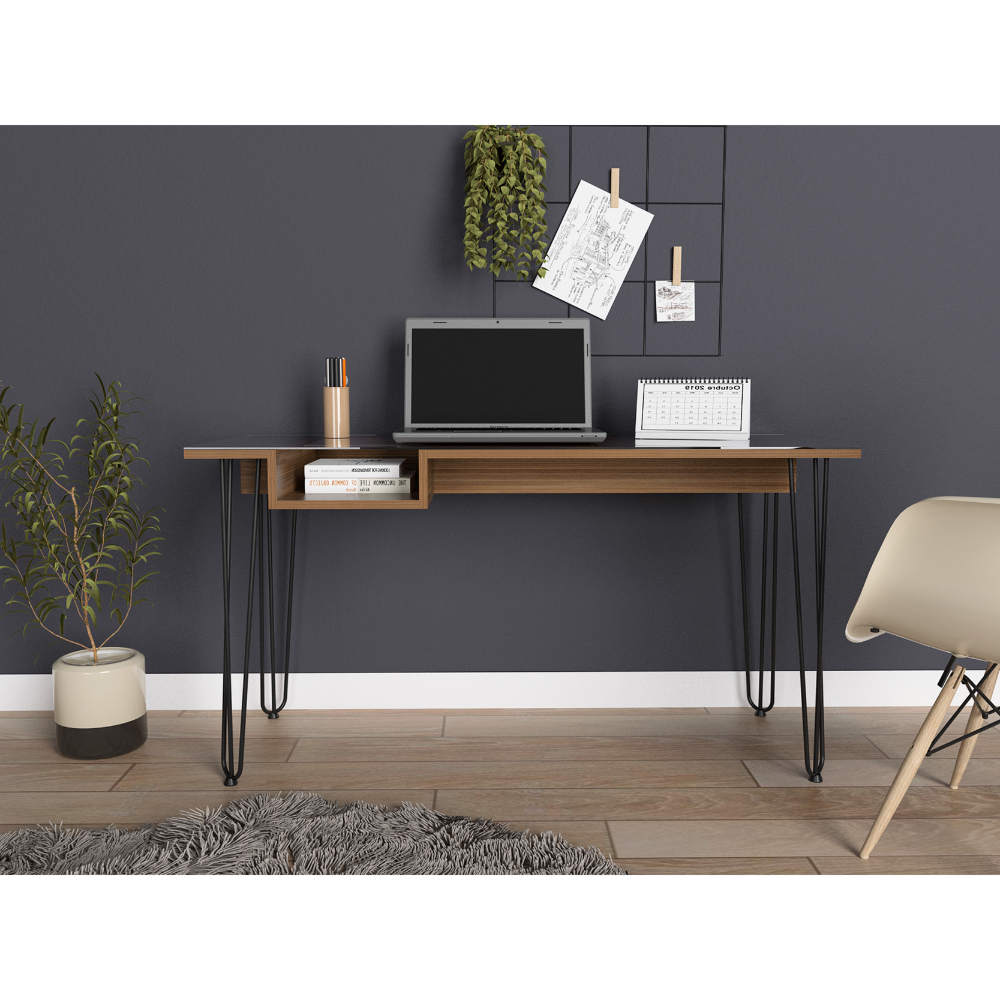 Modern walnut writing desk with open shelf and hairpin legs