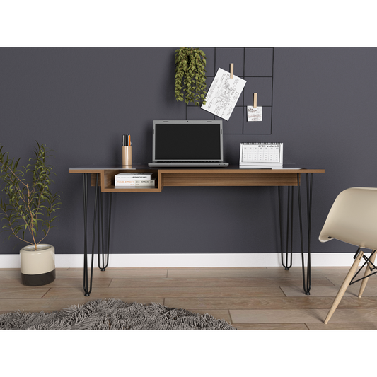 Modern walnut writing desk with open shelf and hairpin legs